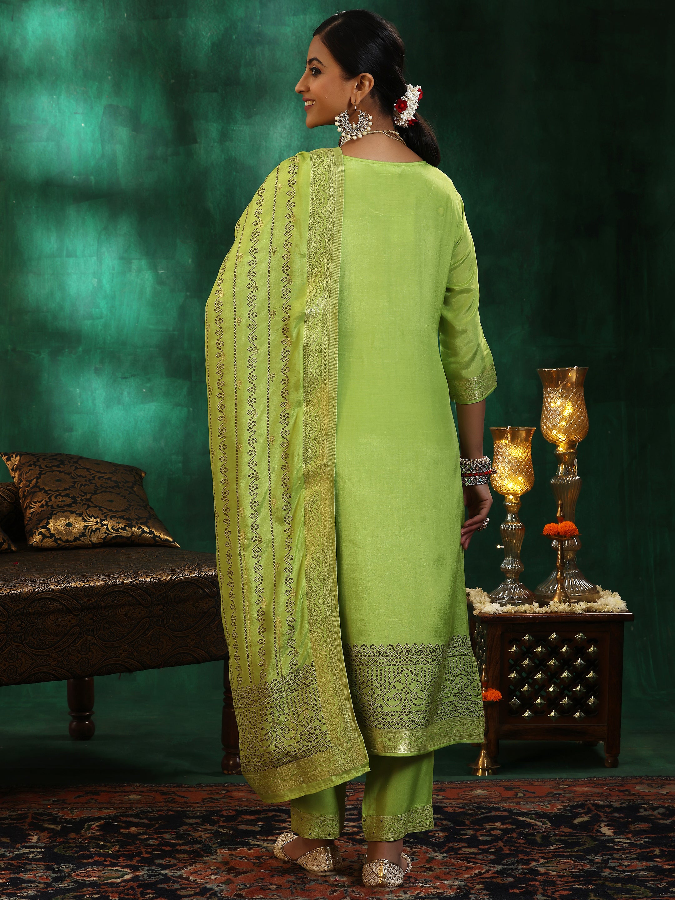 Green Woven Design Silk Blend Straight Suit With Dupatta