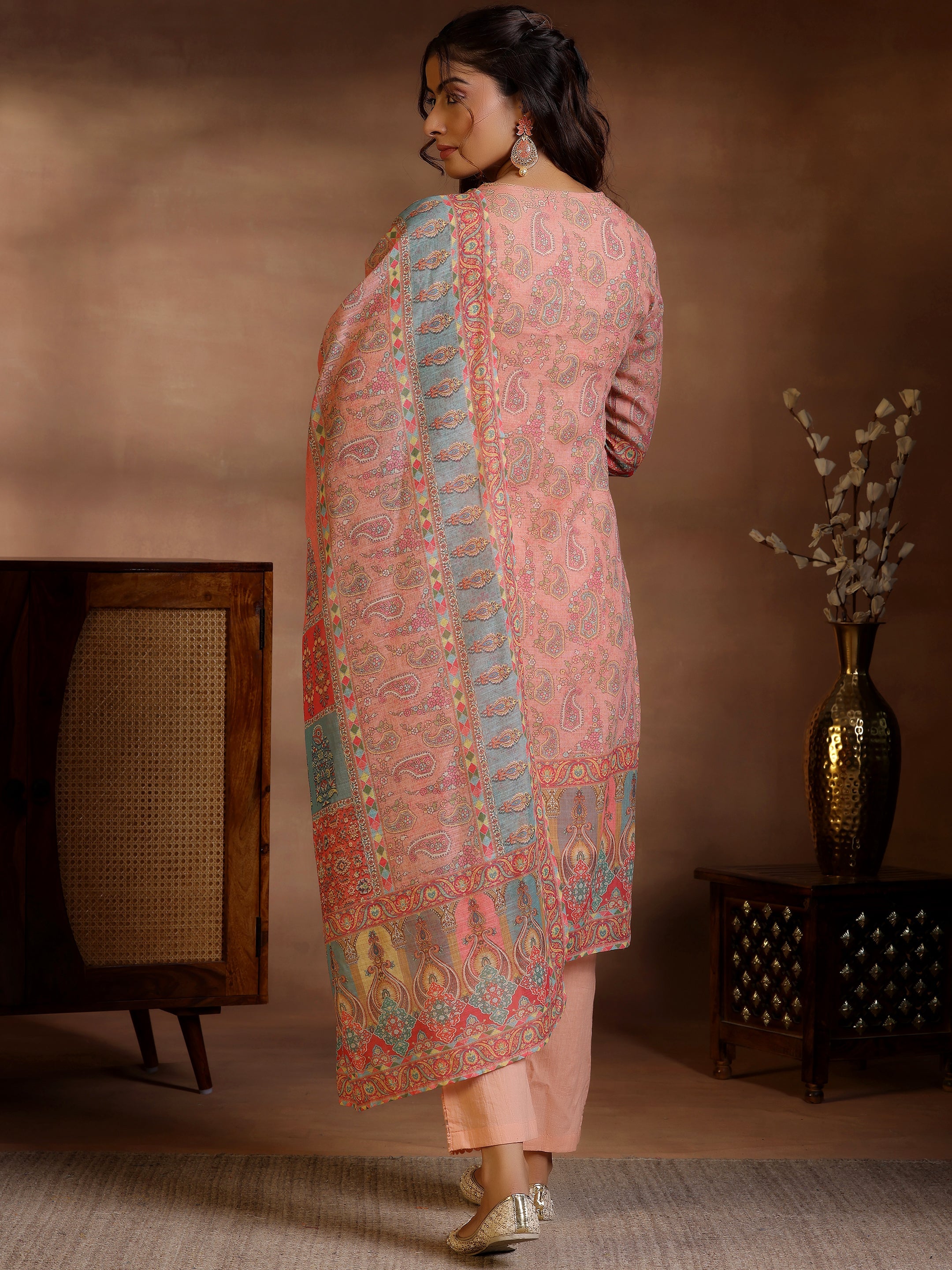 Peach Printed Linen Straight Suit With Dupatta