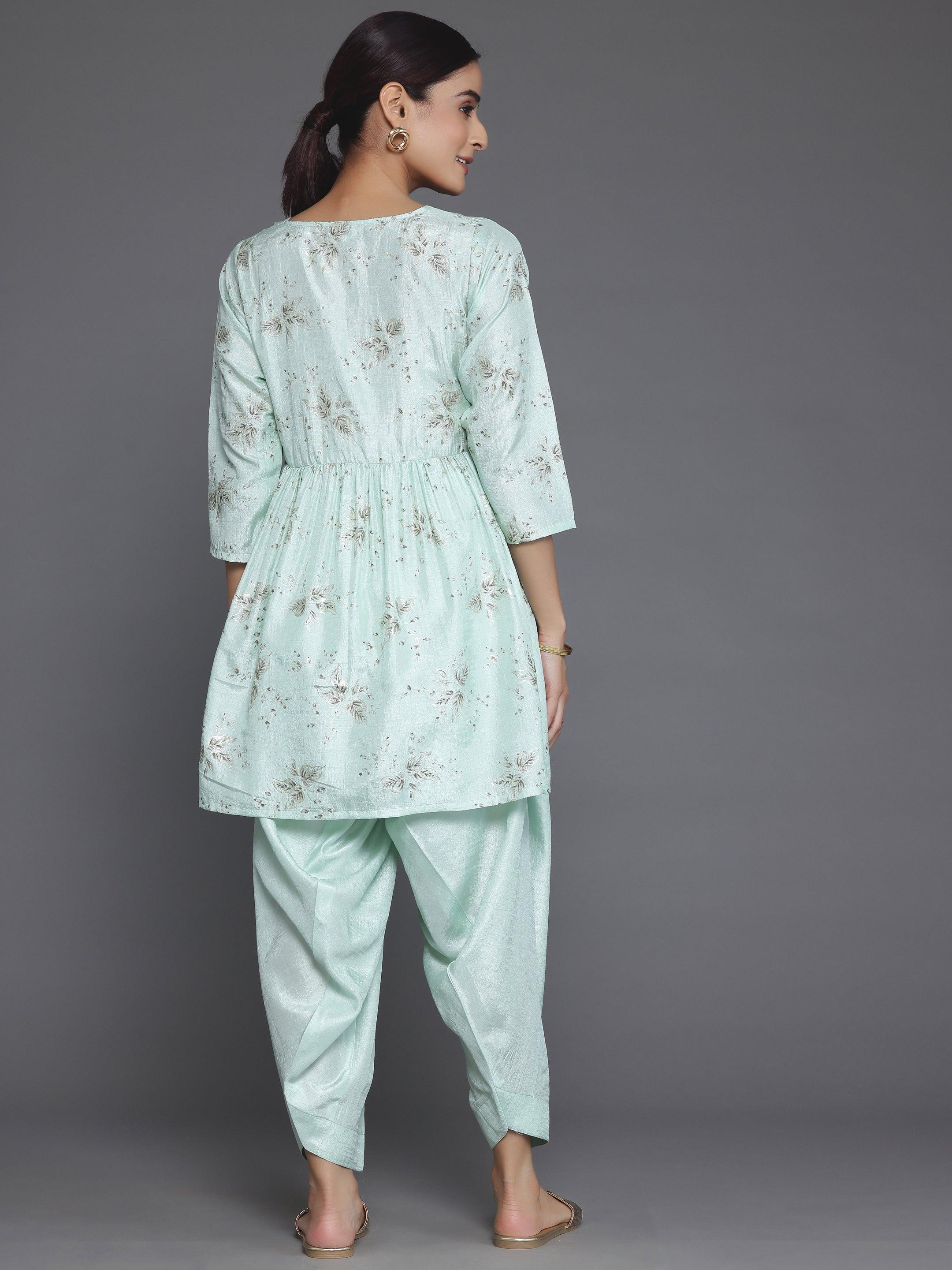 Sea Green Printed Silk Blend A-Line Kurta With Salwar