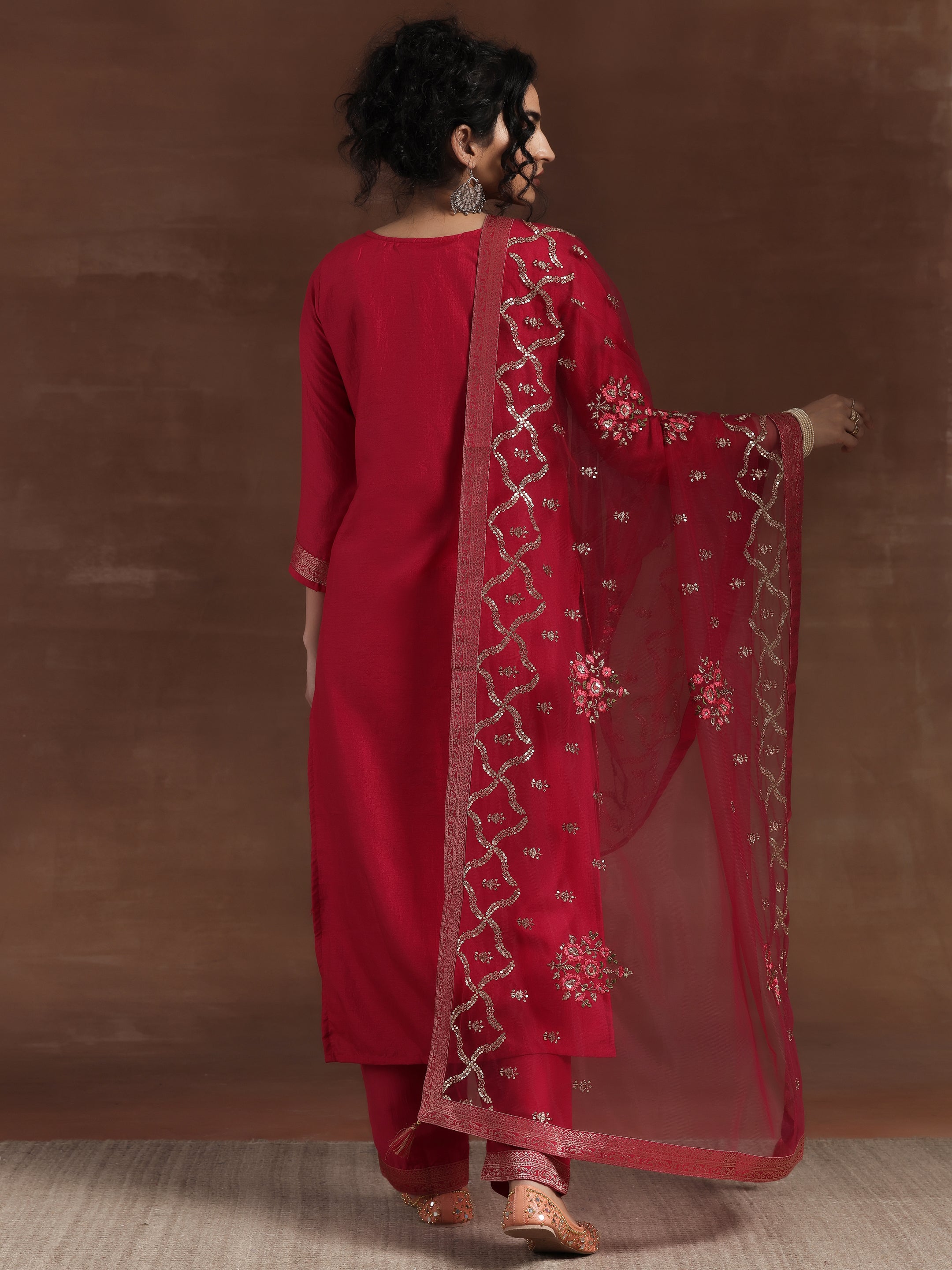 Pink Woven Design Silk Blend Straight Suit With Dupatta