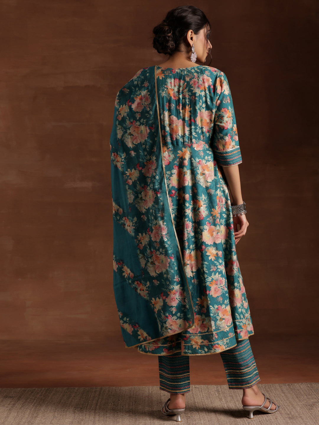 Blue Printed Silk Blend Anarkali Suit With Dupatta