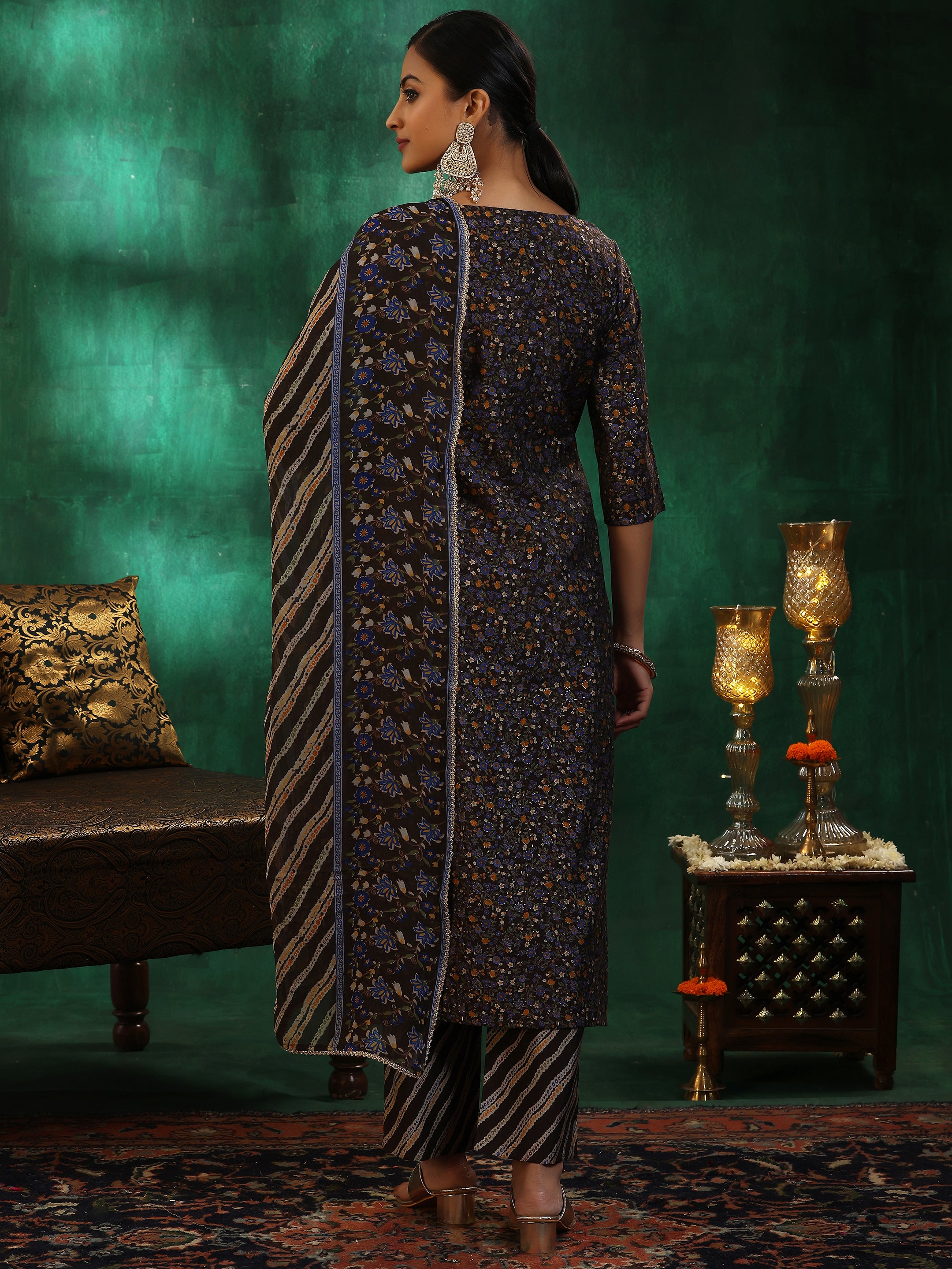 Black Printed Silk Blend Straight Suit With Dupatta