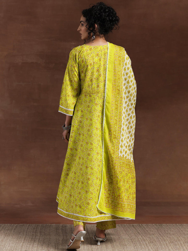 Green Printed Cotton Anarkali Suit With Dupatta