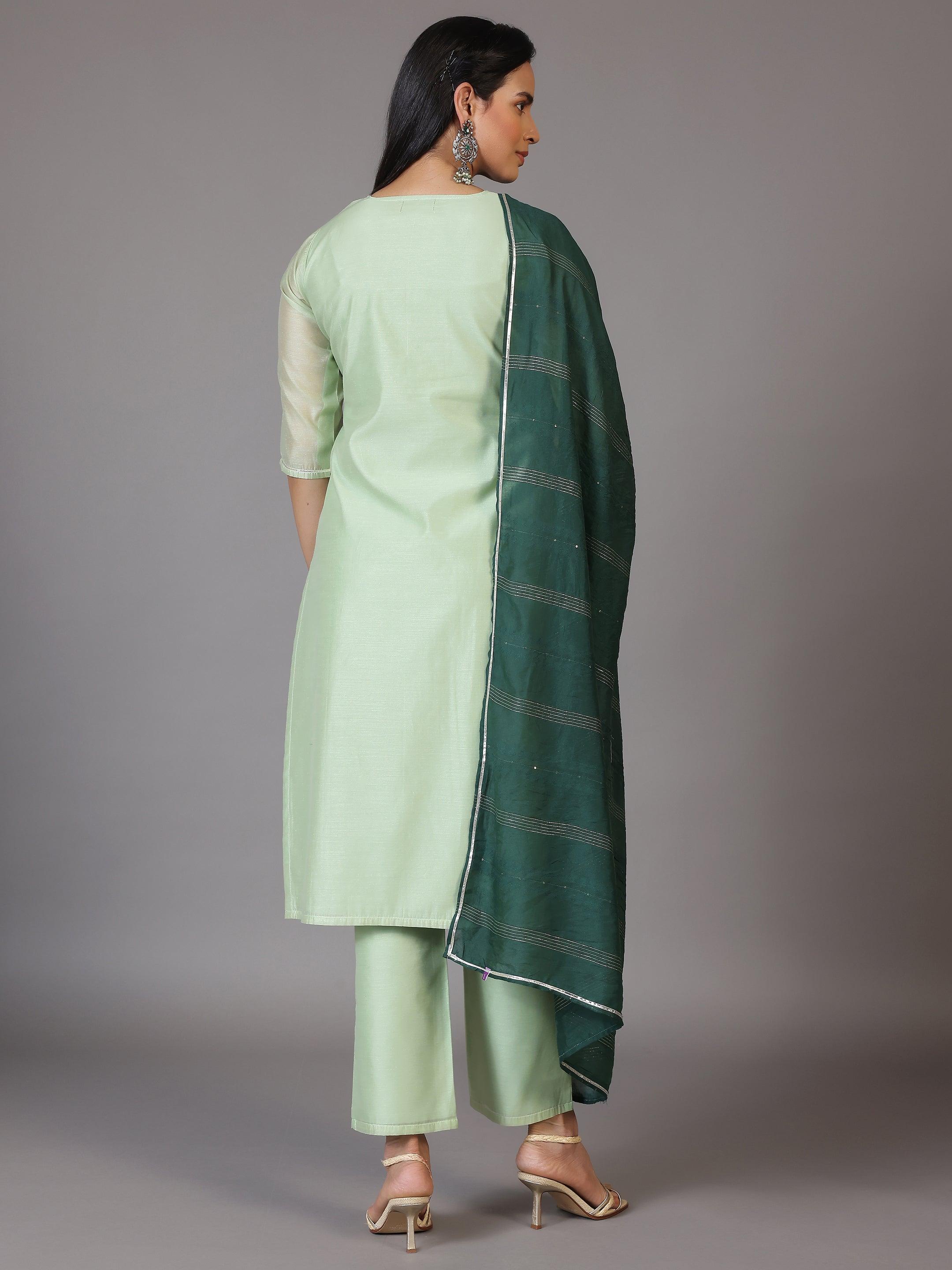 Green Yoke Design Chanderi Silk Straight Kurta With Trousers & Dupatta