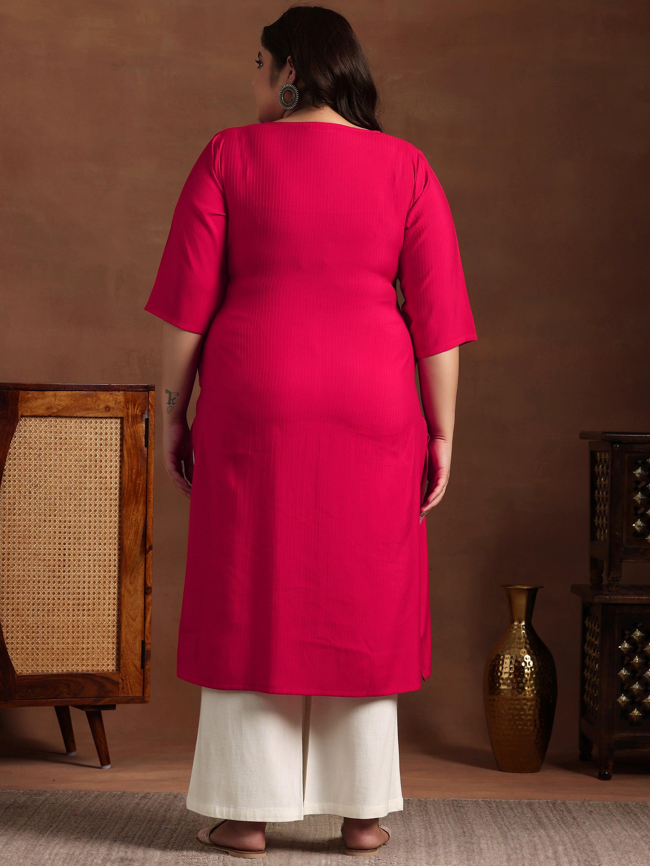 Plus Size Red Woven Design Silk Straight Kurta