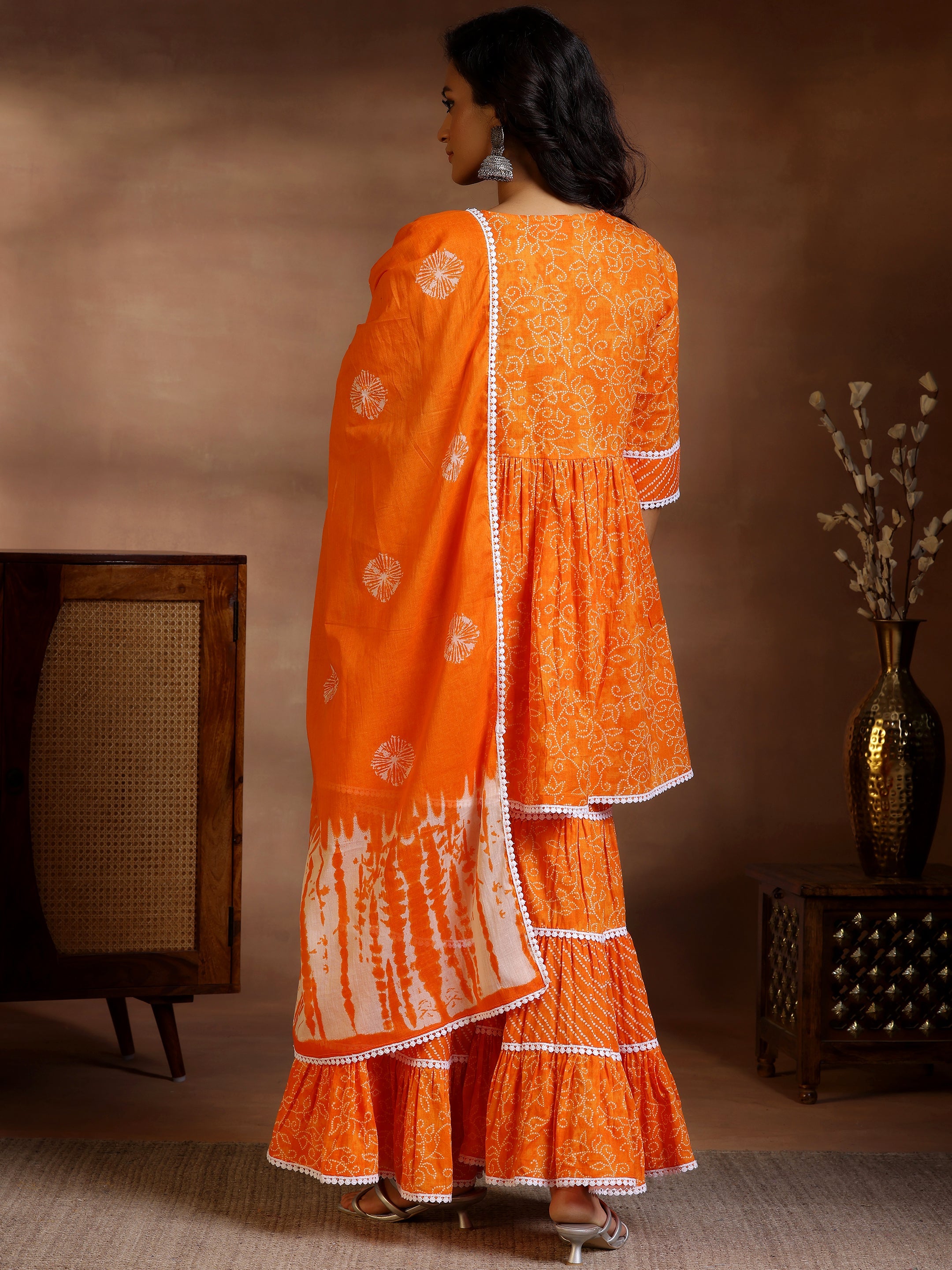 Orange Printed Cotton A-Line Kurti With Sharara & Dupatta