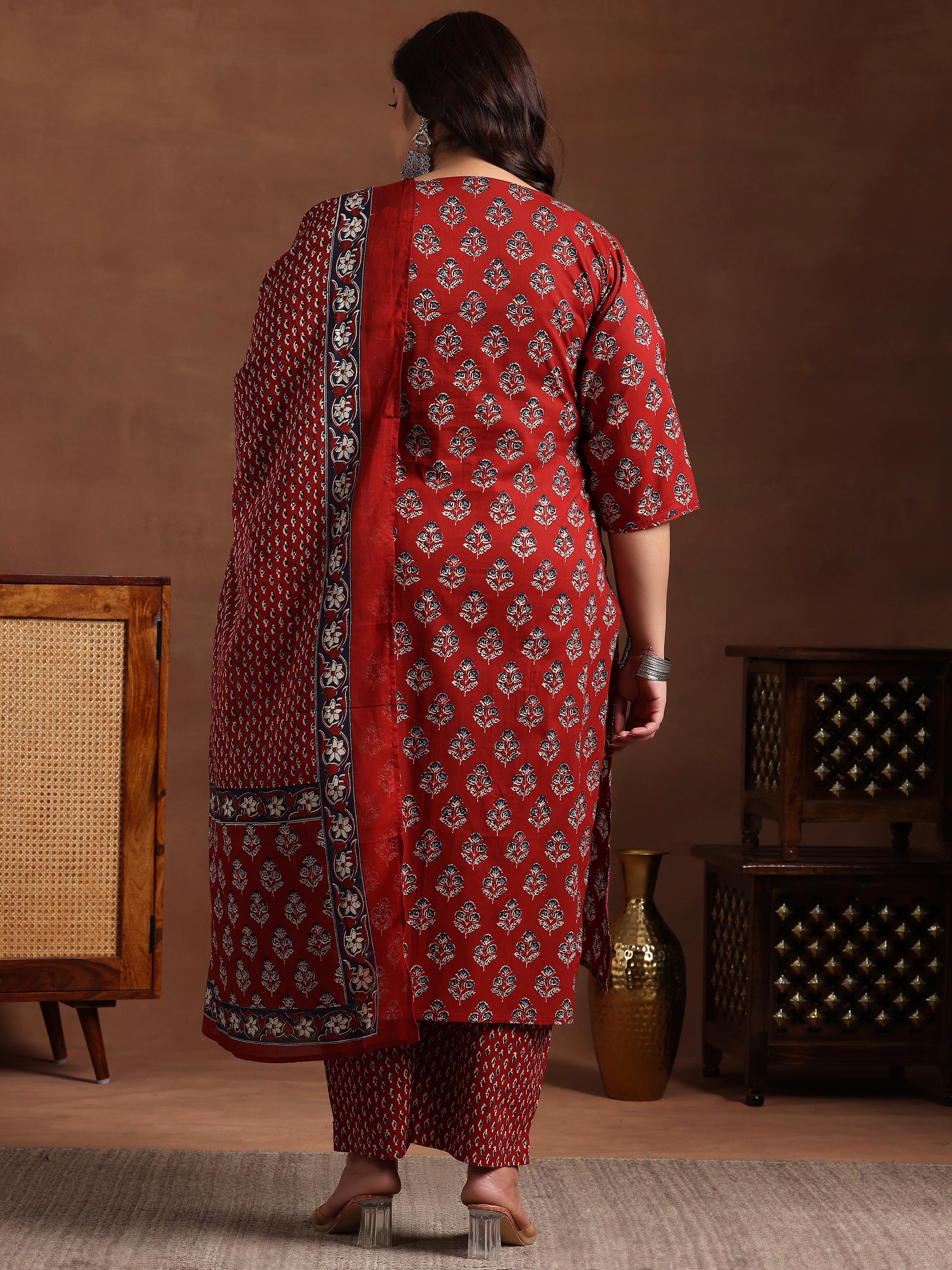 Plus Size Rust Printed Cotton Straight Suit With Dupatta