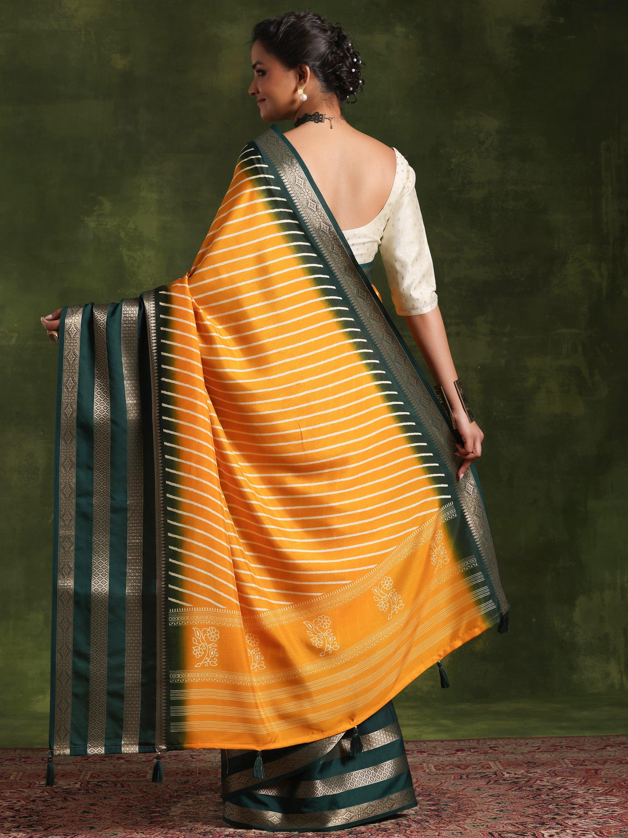 Mustard Printed Silk Blend Saree With Unstitched Blouse Piece