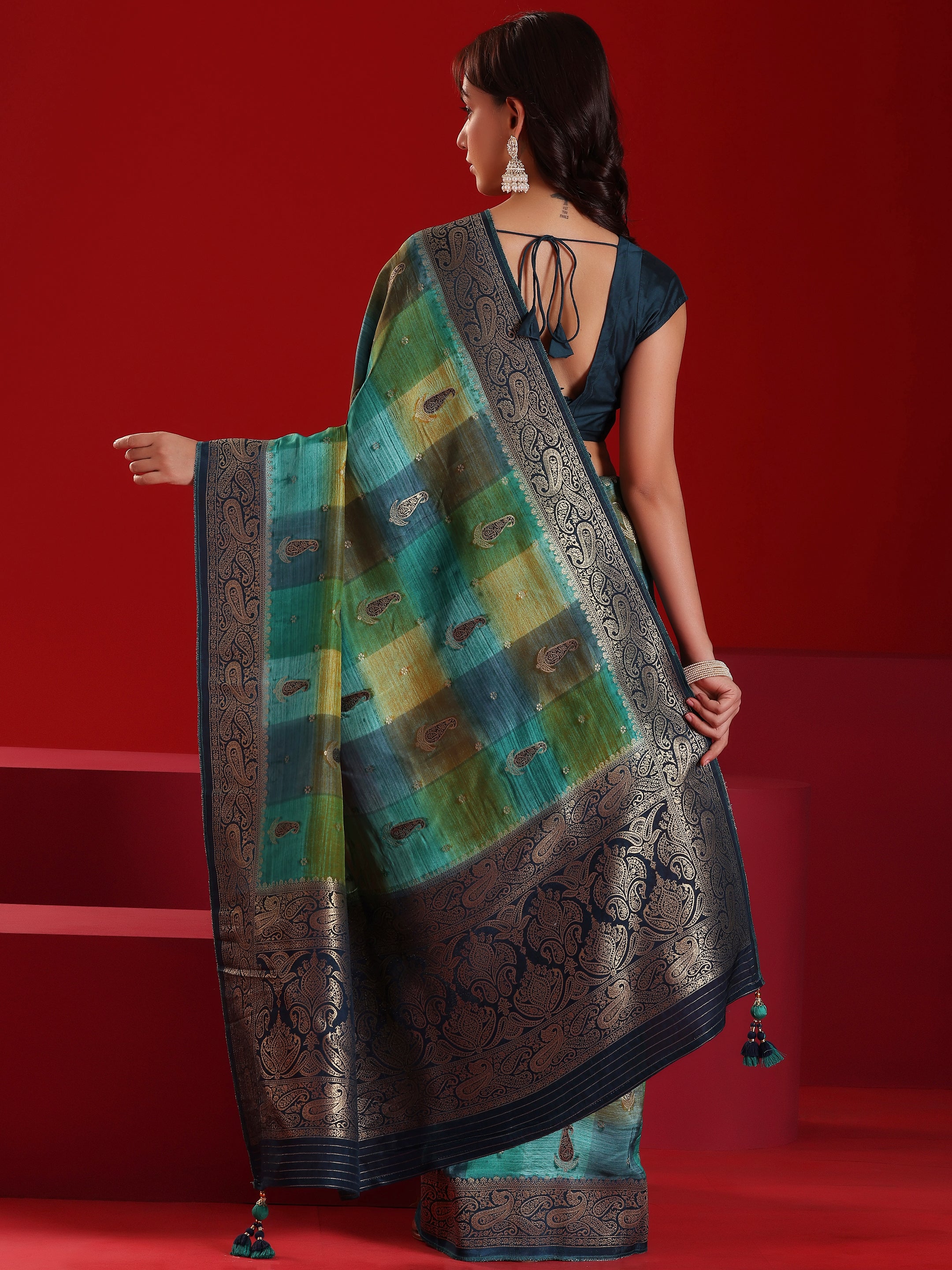 Libas Art Blue Woven Design Satin Saree With Unstitched  Blouse Piece