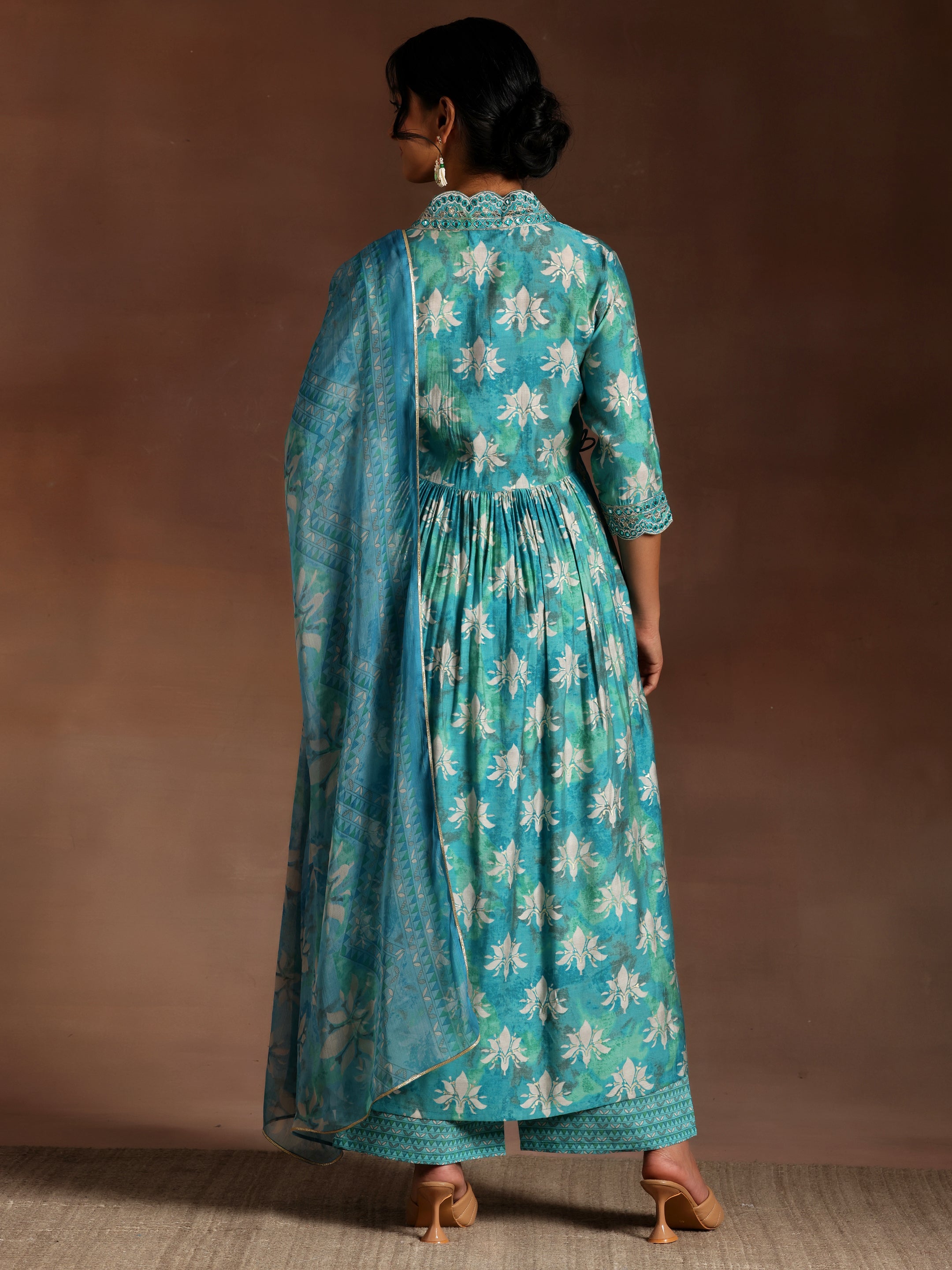 Blue Printed Silk Blend A-Line Kurta With Palazzos & Dupatta