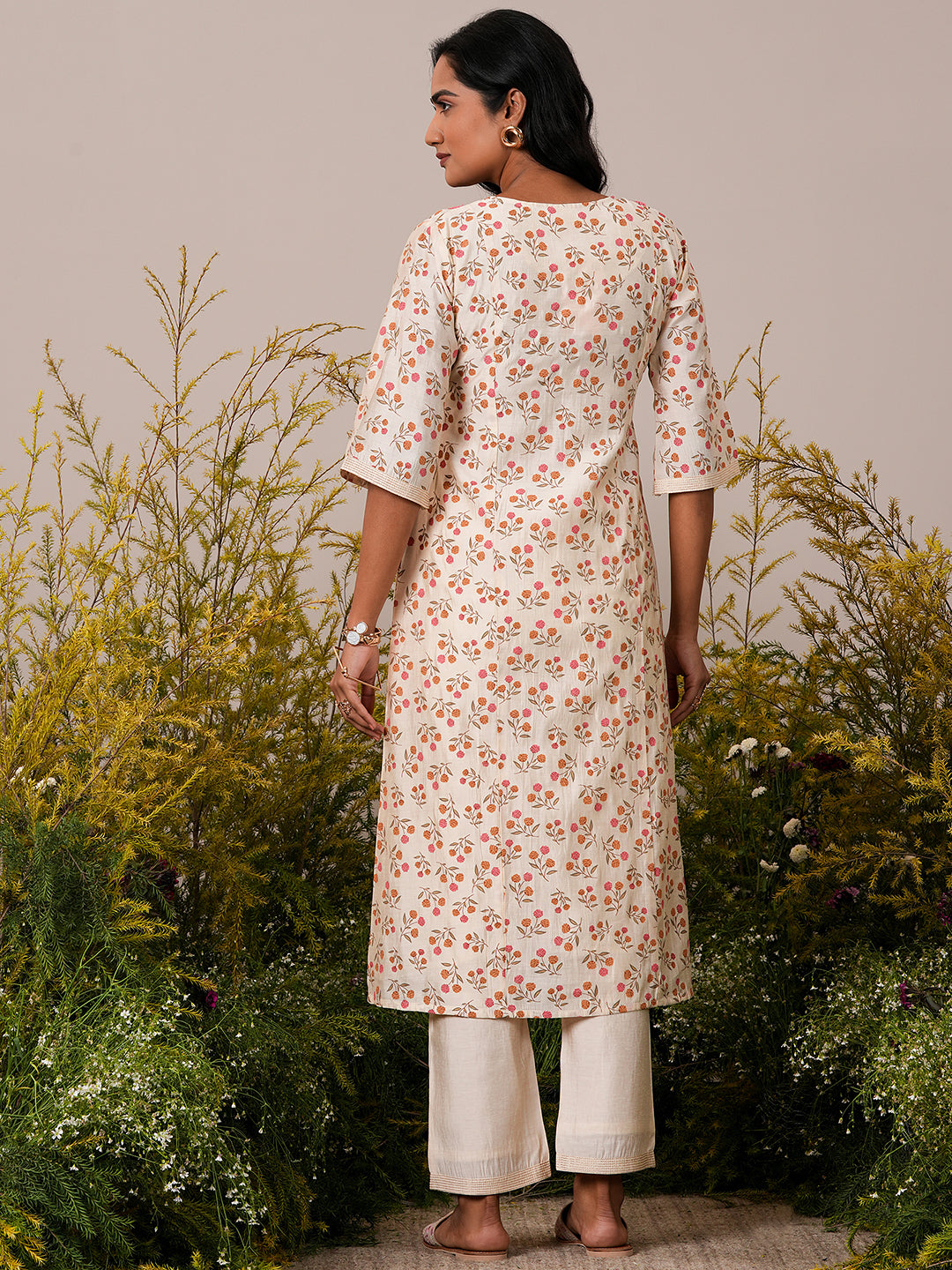 Beige Printed Chanderi Silk A-Line Kurta With Palazzos