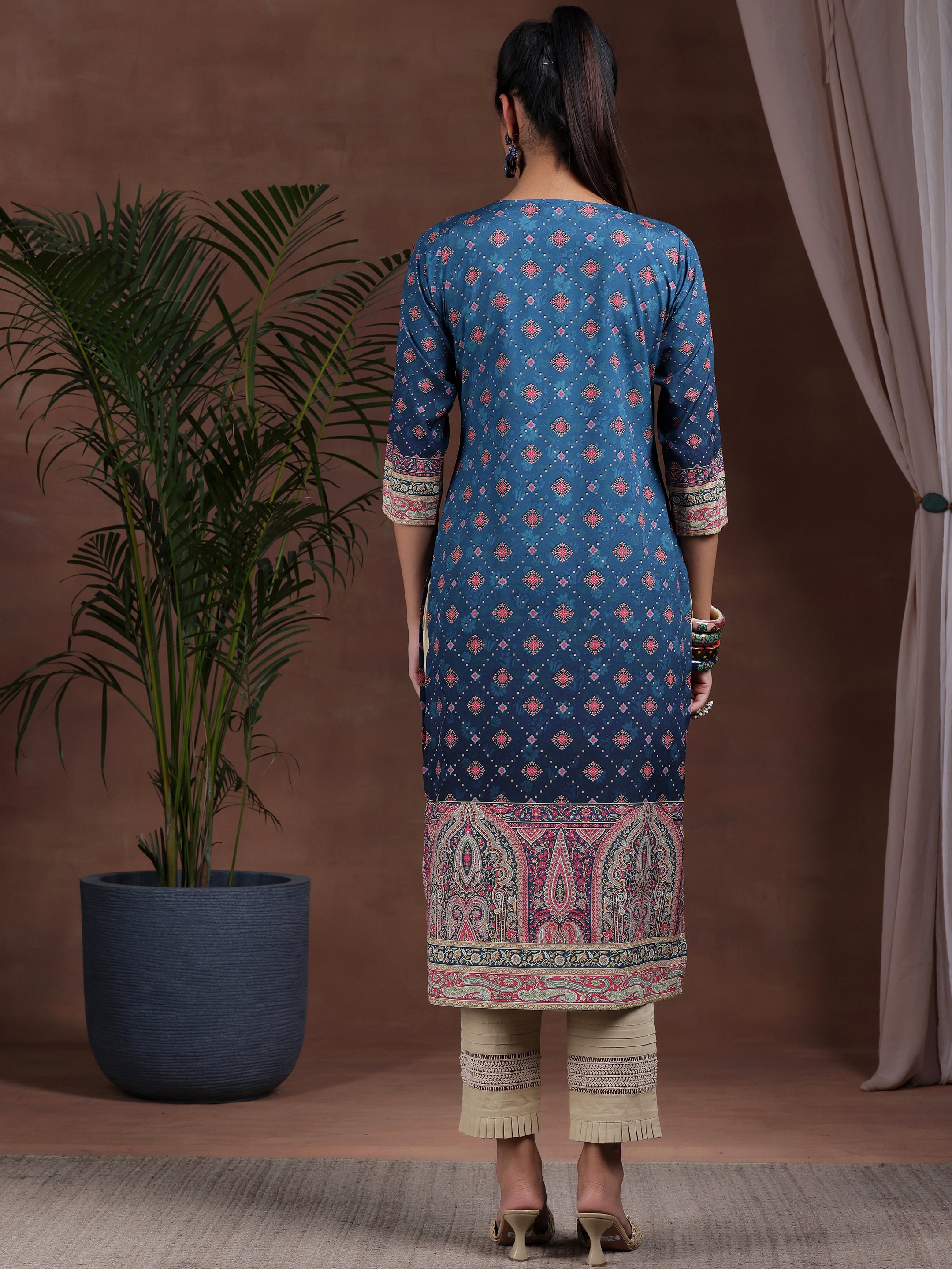 Blue Printed Crepe Straight Kurta