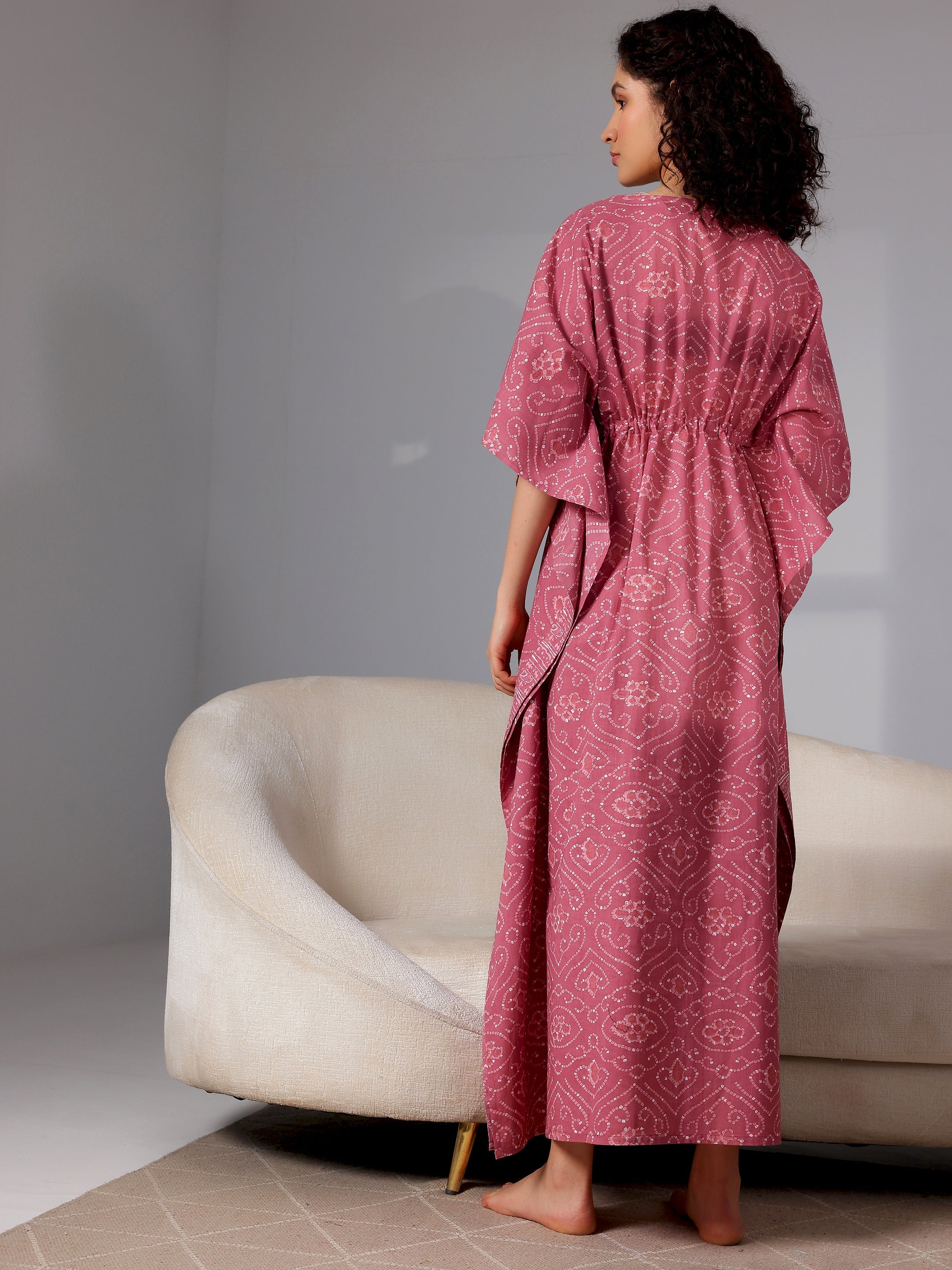 Mauve Printed Cotton Kaftan Night Dress