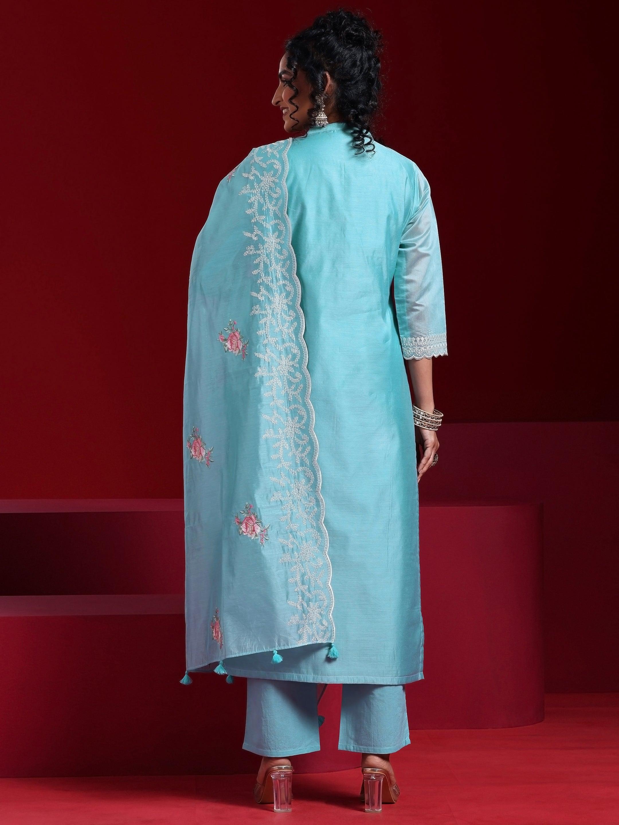 Libas Art Blue Embroidered Chanderi Silk Straight Suit With Dupatta