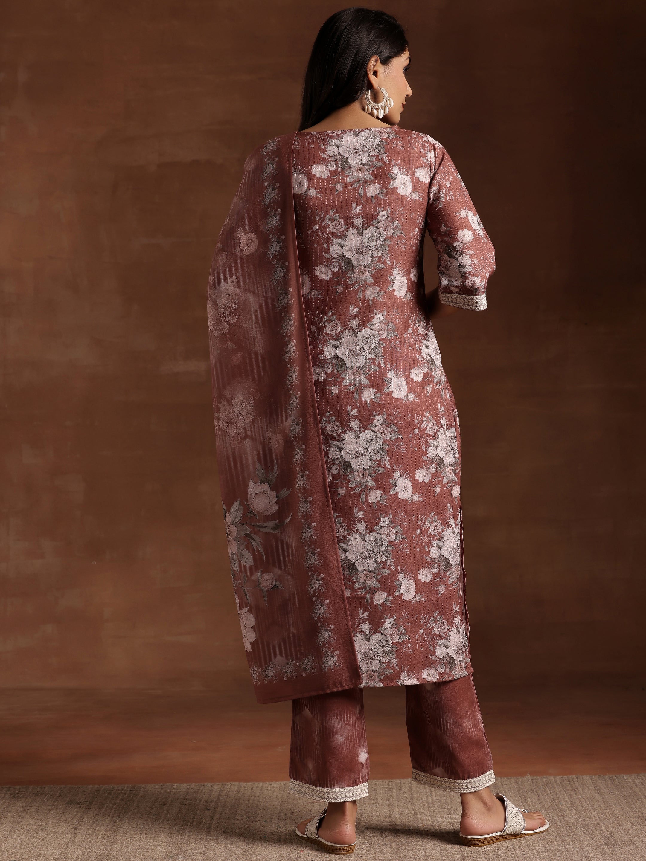 Brown Printed Cotton Straight Suit With Dupatta