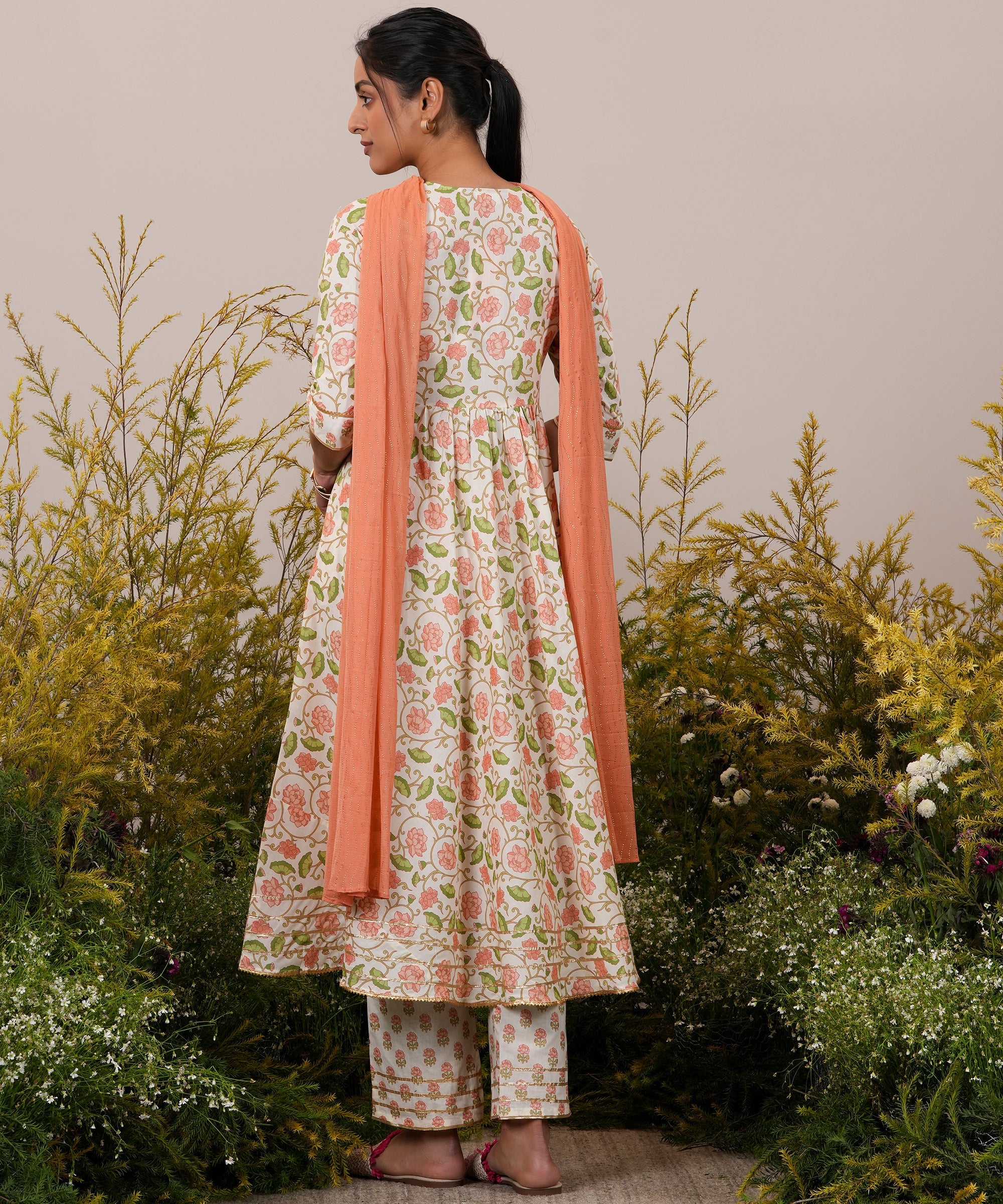 Off White Yoke Design Cotton Anarkali Suit With Dupatta