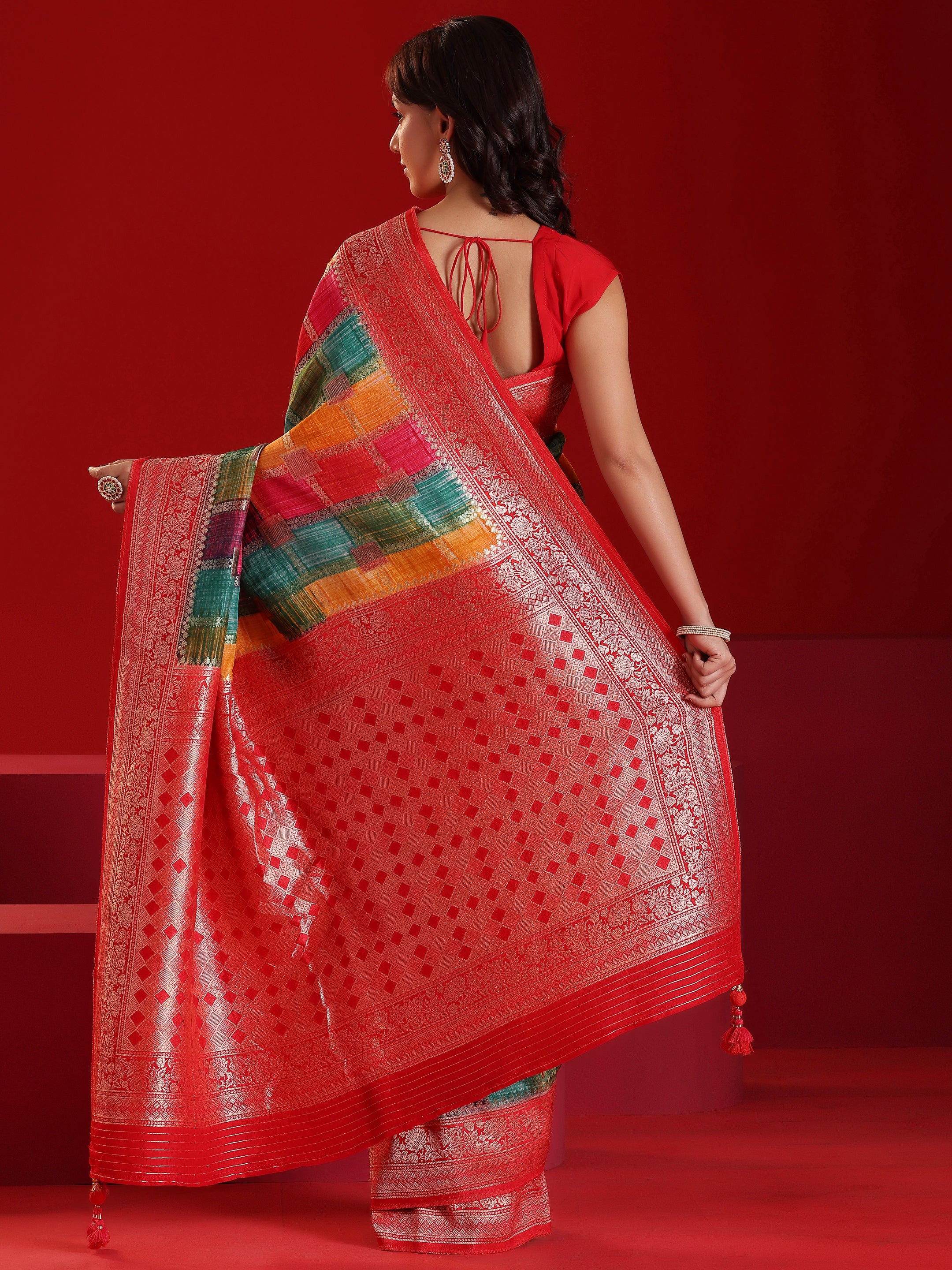 Libas Art Multicoloured Woven Design Satin Saree With Unstitched  Blouse Piece