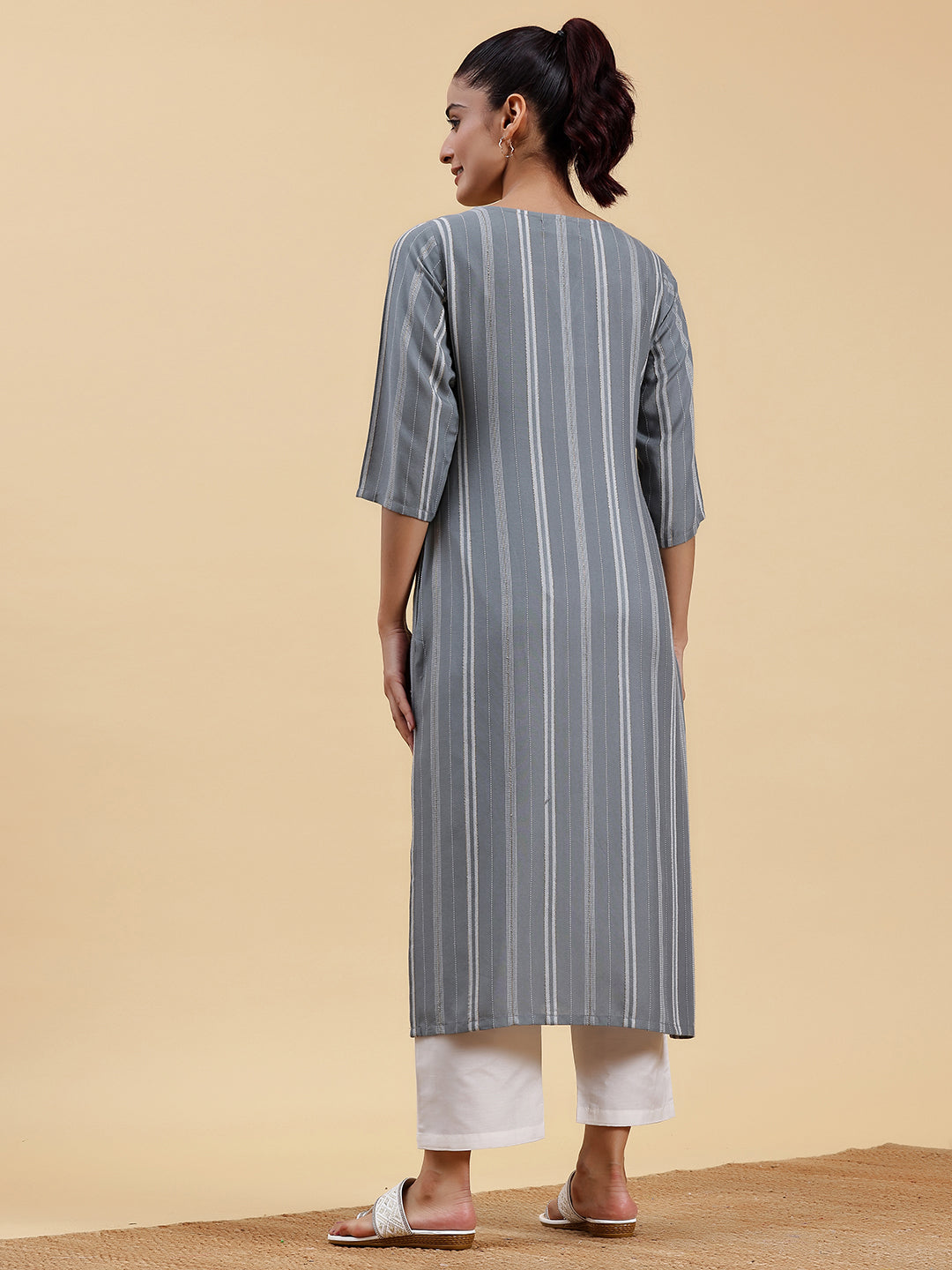 Grey Woven Design Rayon Straight Kurta