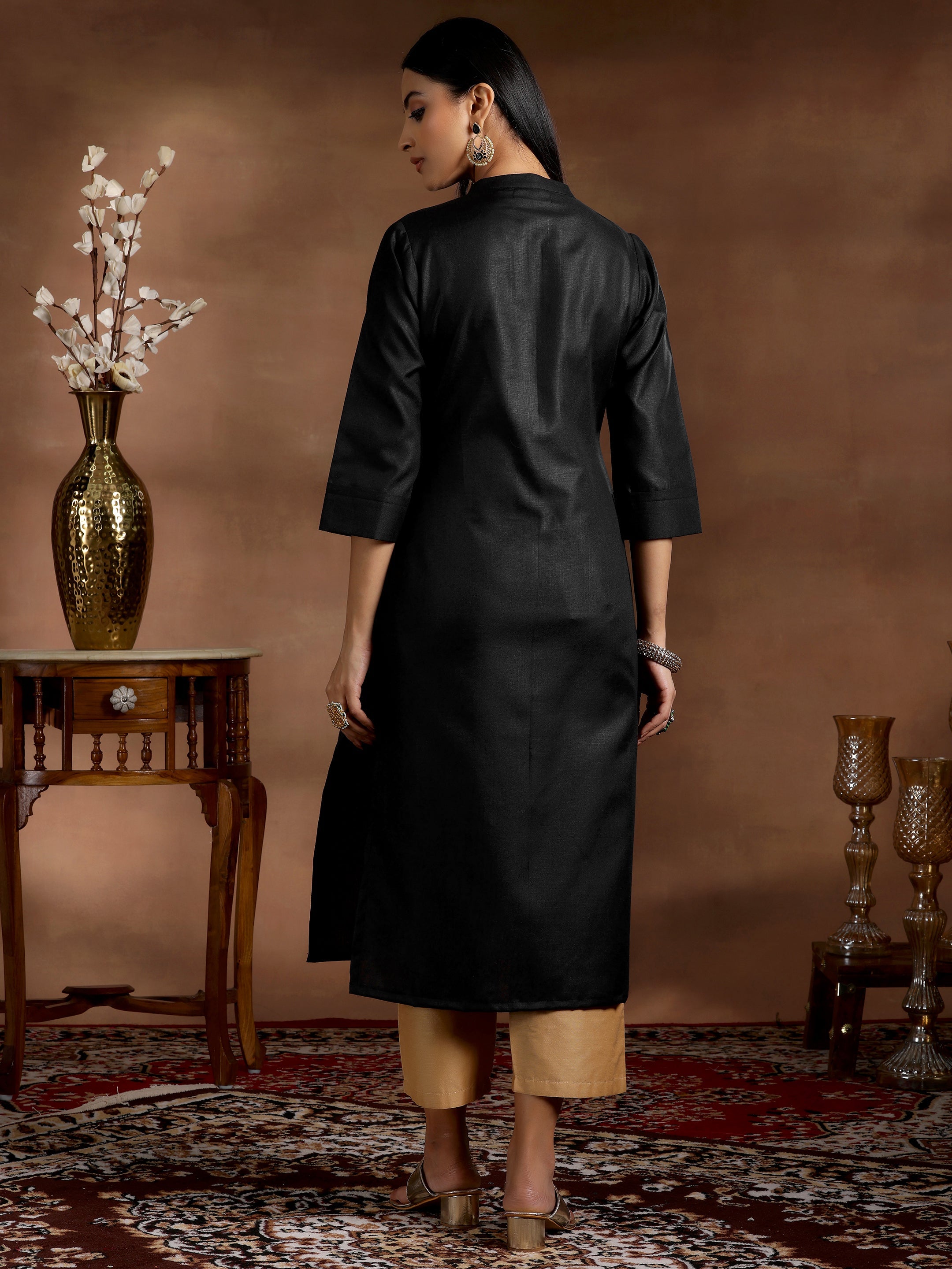 Black Solid Silk Straight Kurta