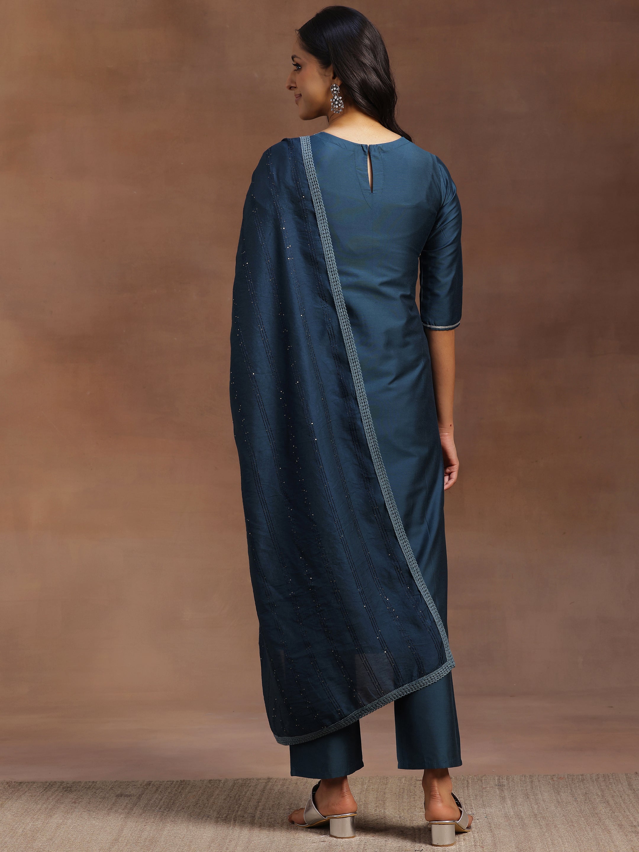 Blue Yoke Design Silk Blend Straight Suit With Dupatta