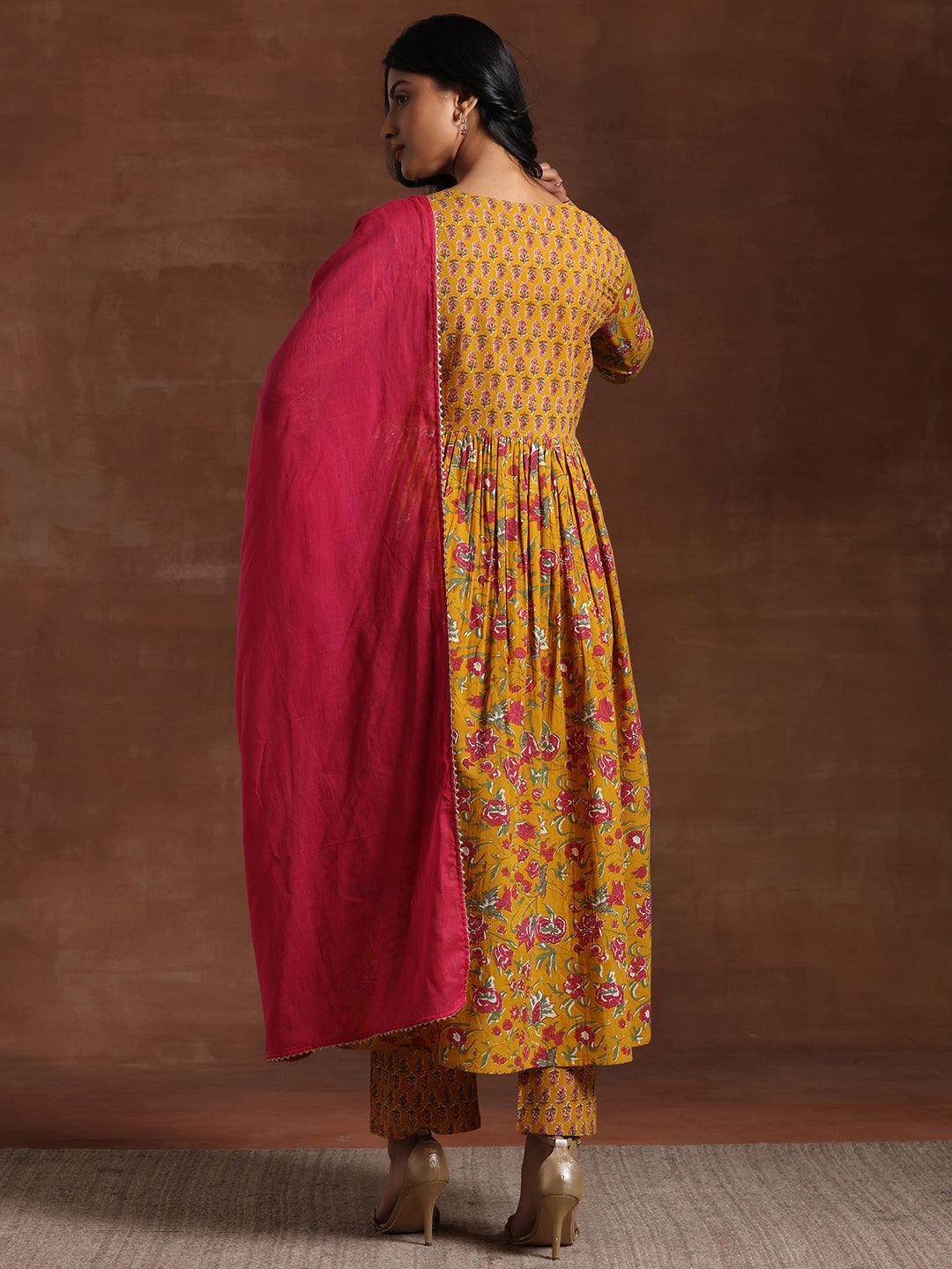 Yellow Printed Pure Cotton Anarkali Suit With Dupatta