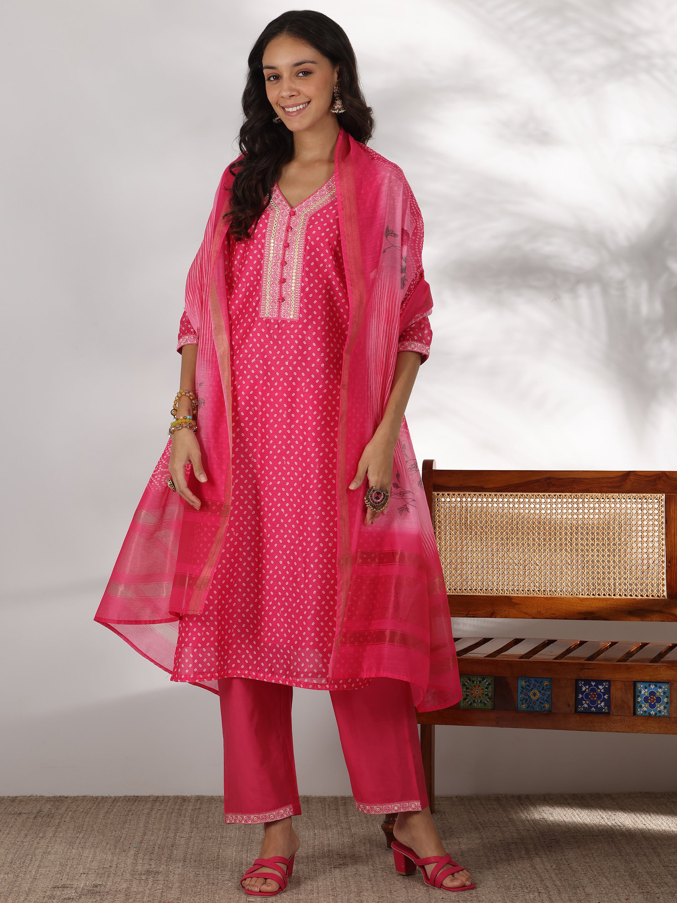 Pink Printed Silk Blend Straight Suit With Dupatta