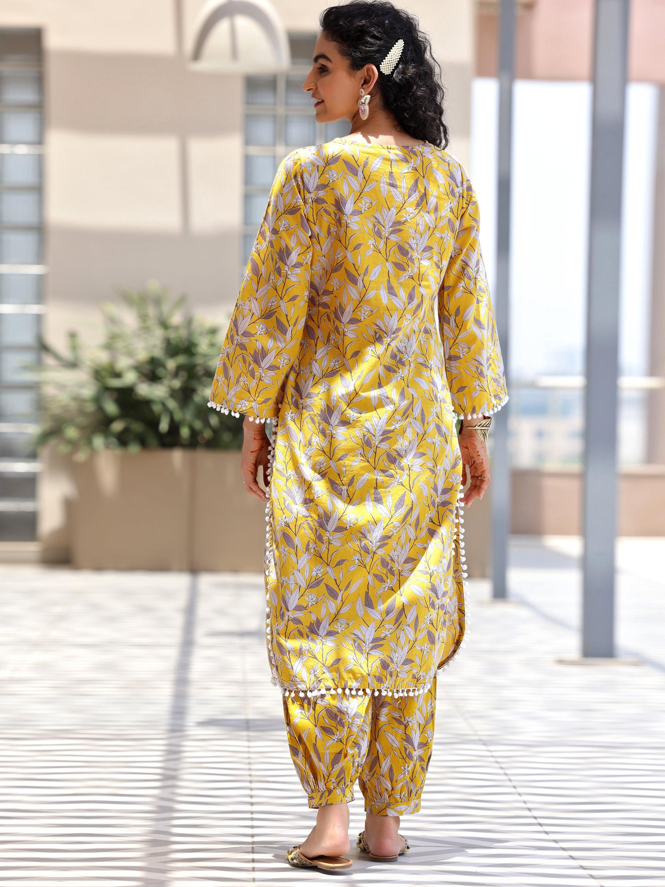 Mustard Printed Cotton Pathani Kurta Set