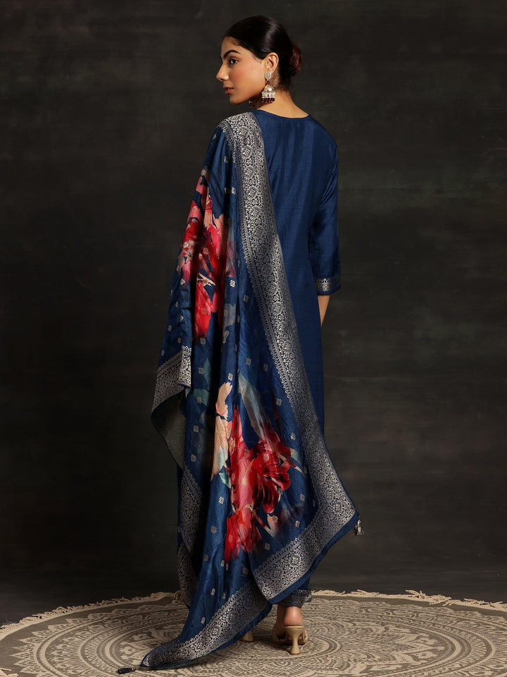 Blue Woven Design Silk Blend Straight Kurta With Trousers & Dupatta - ShopLibas