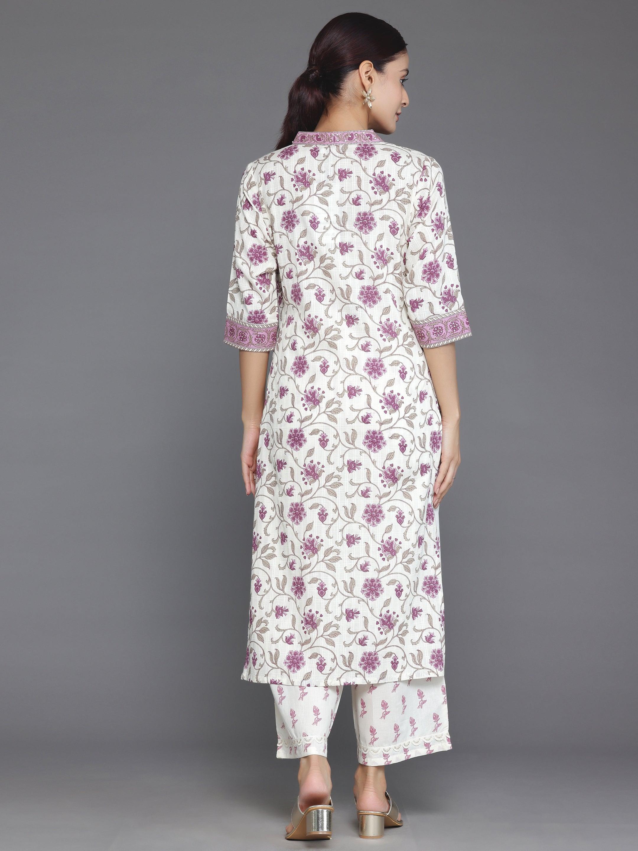 Off White Printed Cotton Straight Kurta