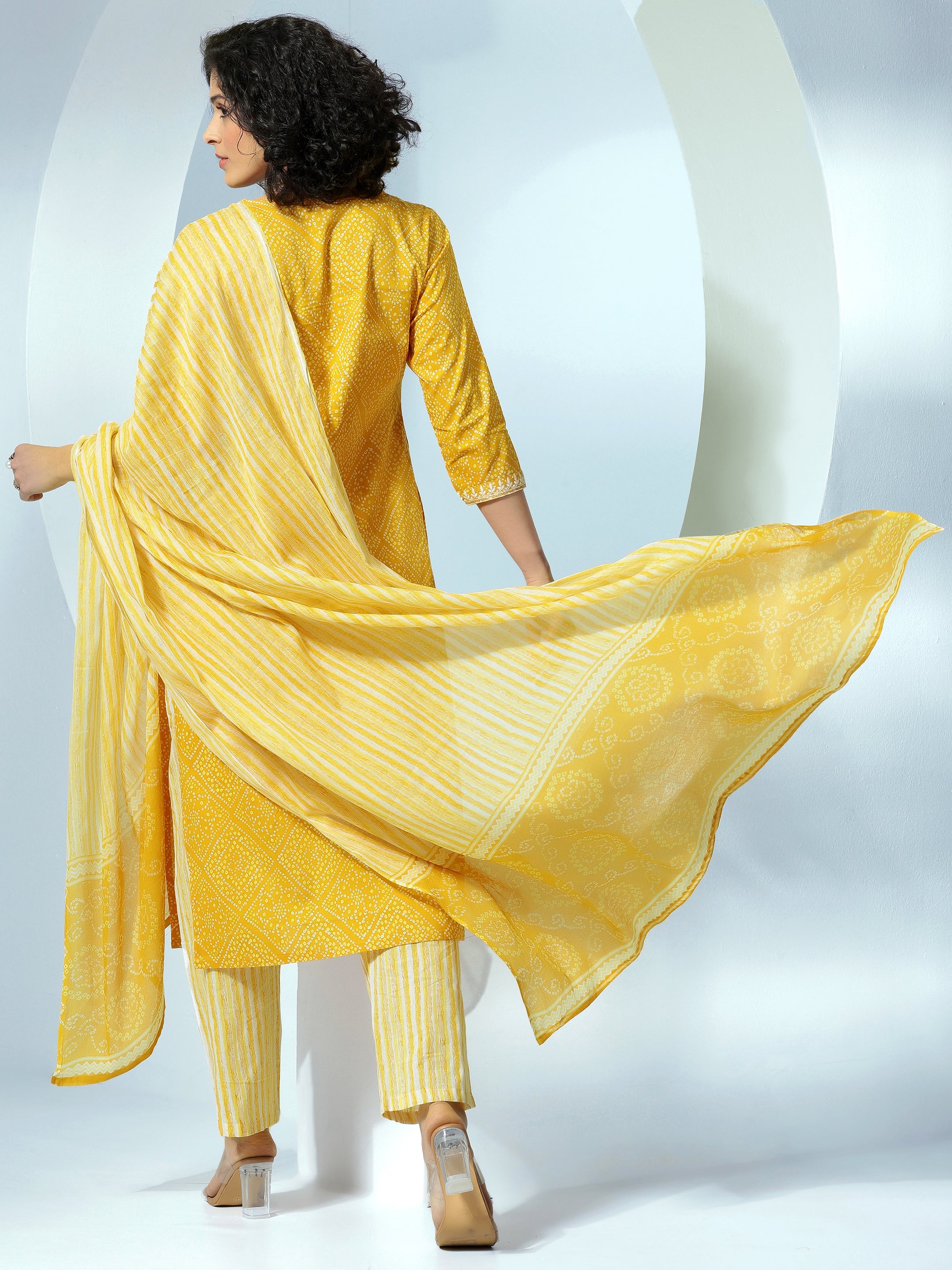 Mustard Printed Cotton Straight Suit With Dupatta