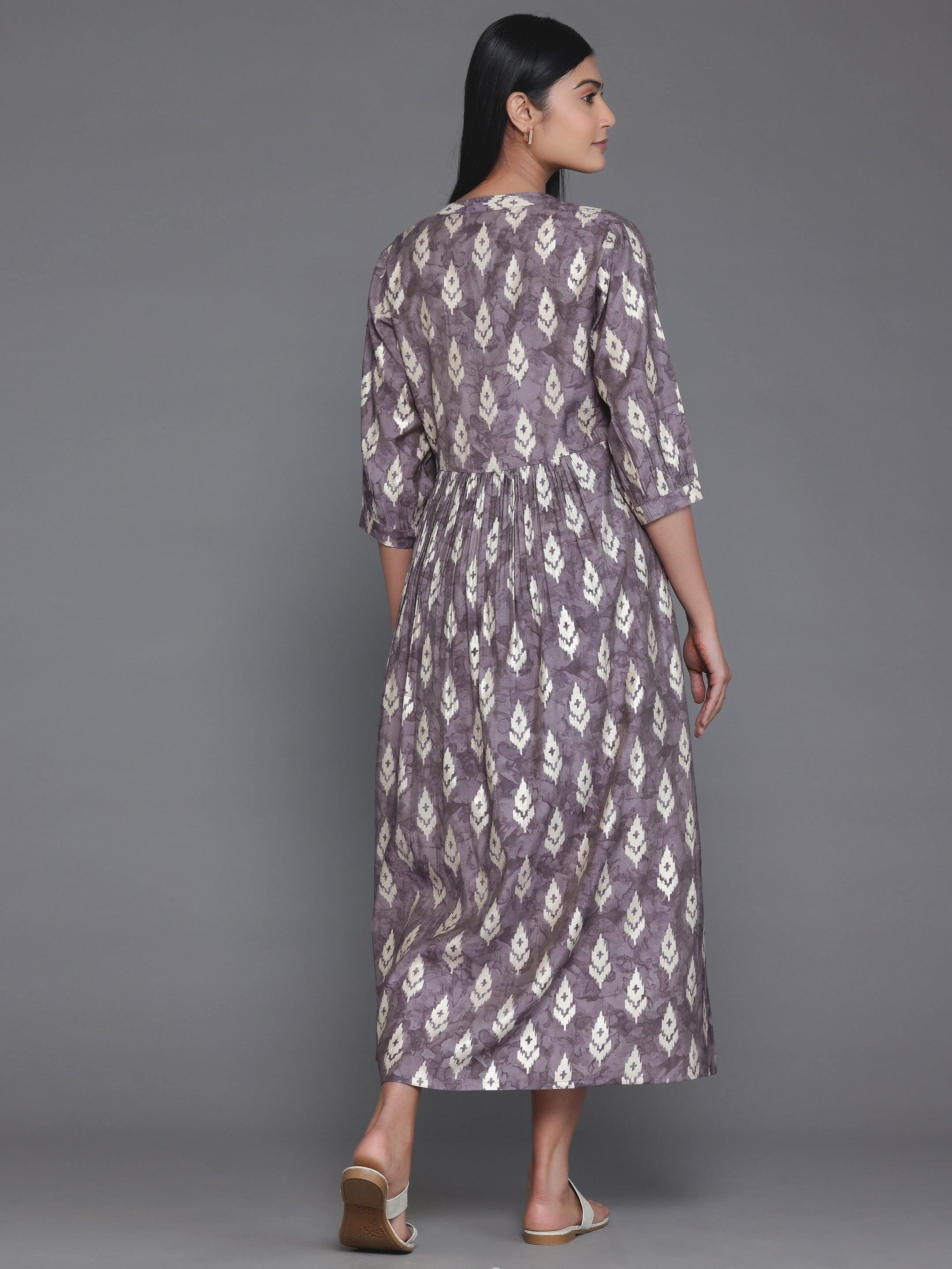 Mauve Printed Silk Fit and Flare Dress