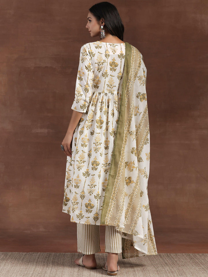 Off White Printed Cotton Anarkali Suit With Dupatta