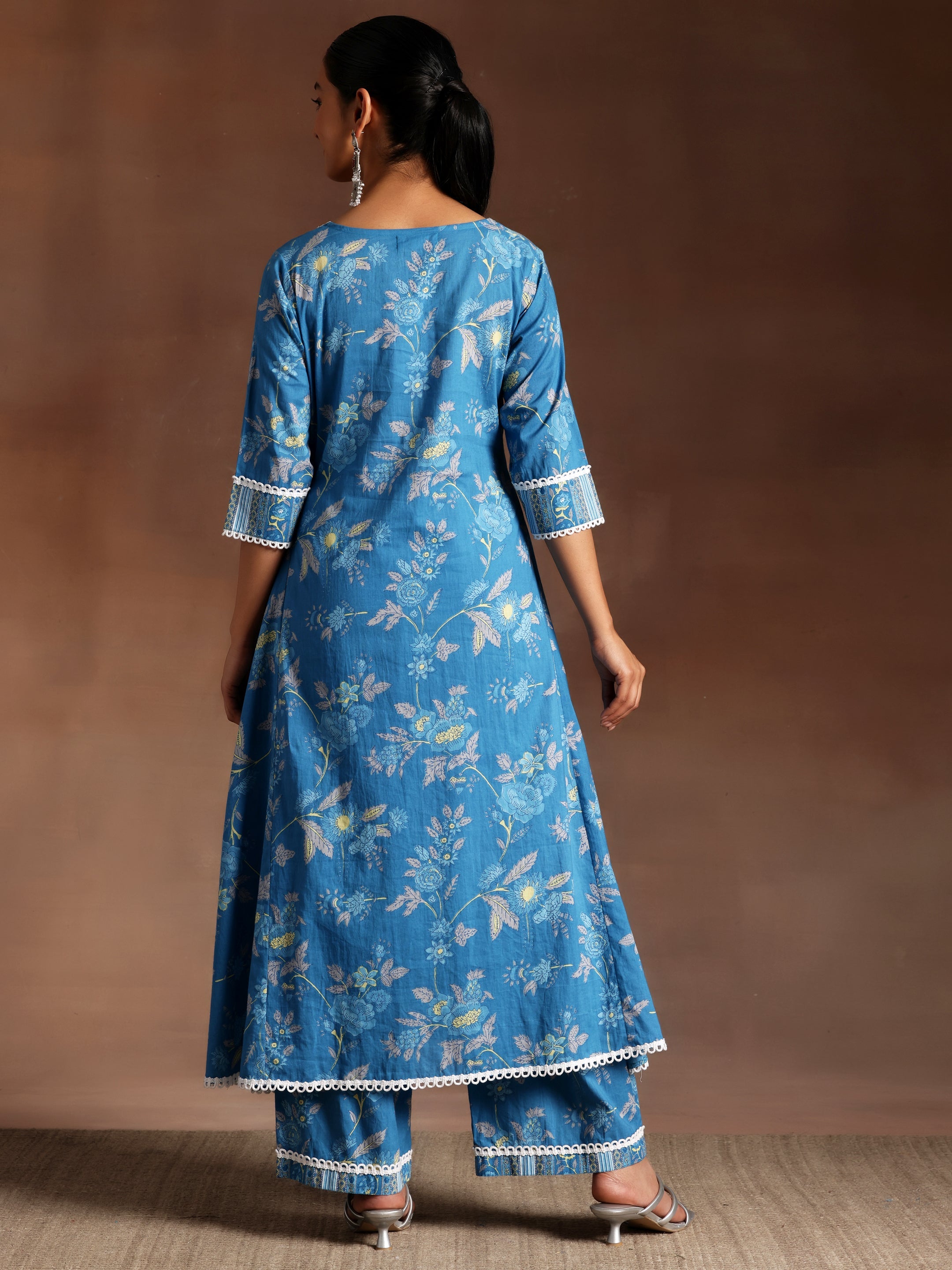 Blue Printed Cotton A-Line Kurta With Palazzos