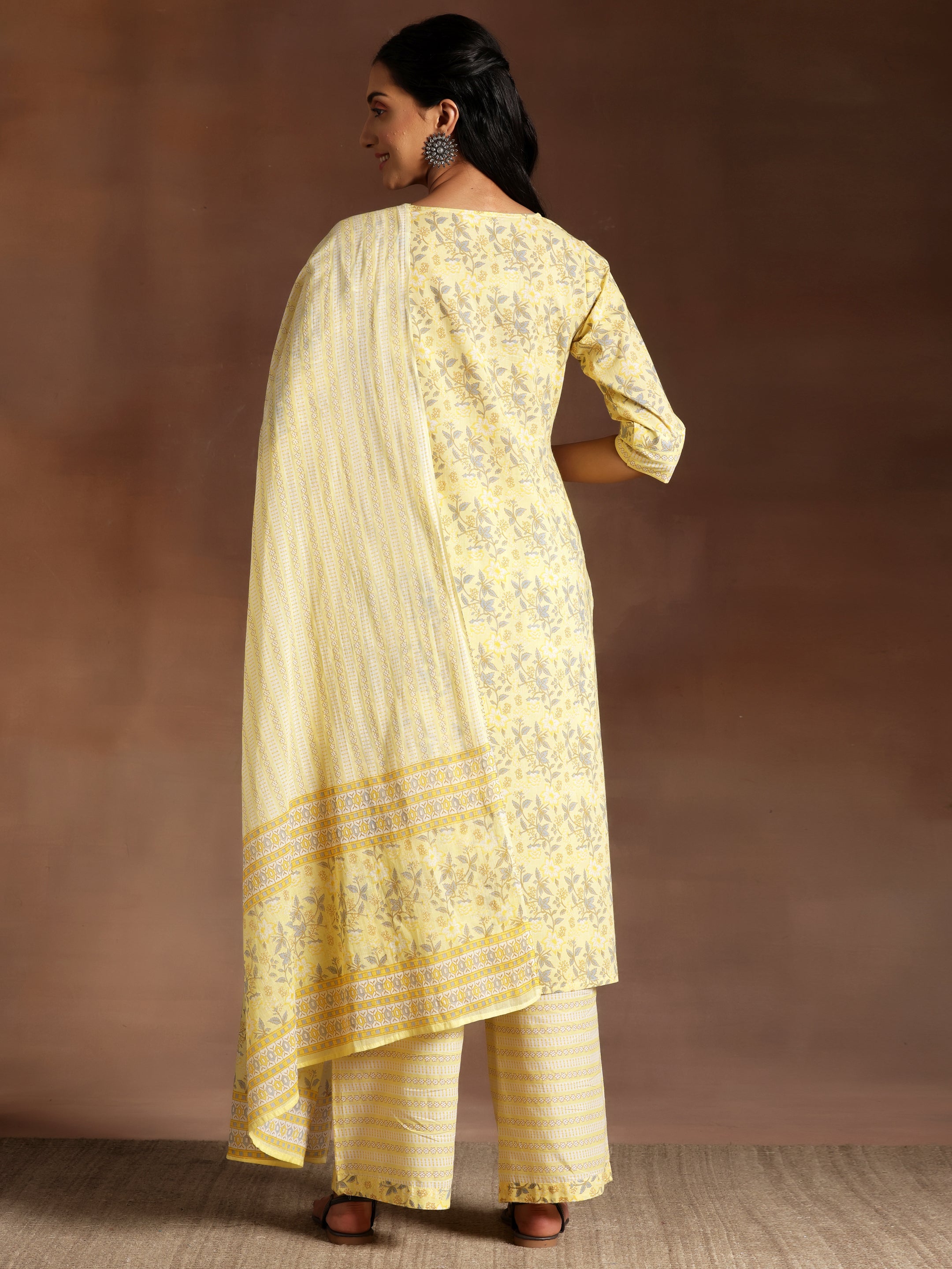 Yellow Printed Cotton Straight Suit With Dupatta