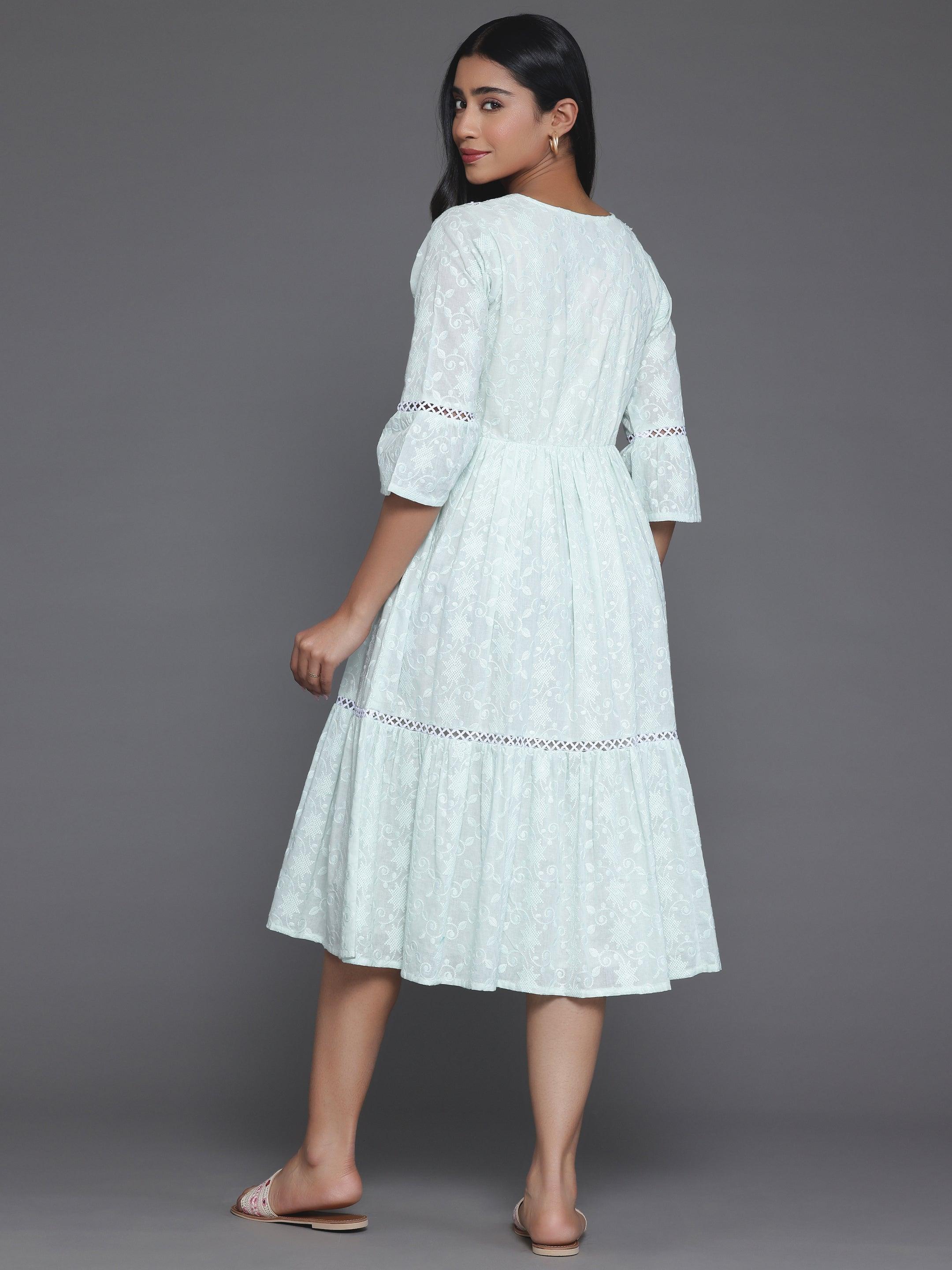 Sea Green Embroidered Cotton Fit and Flare Dress