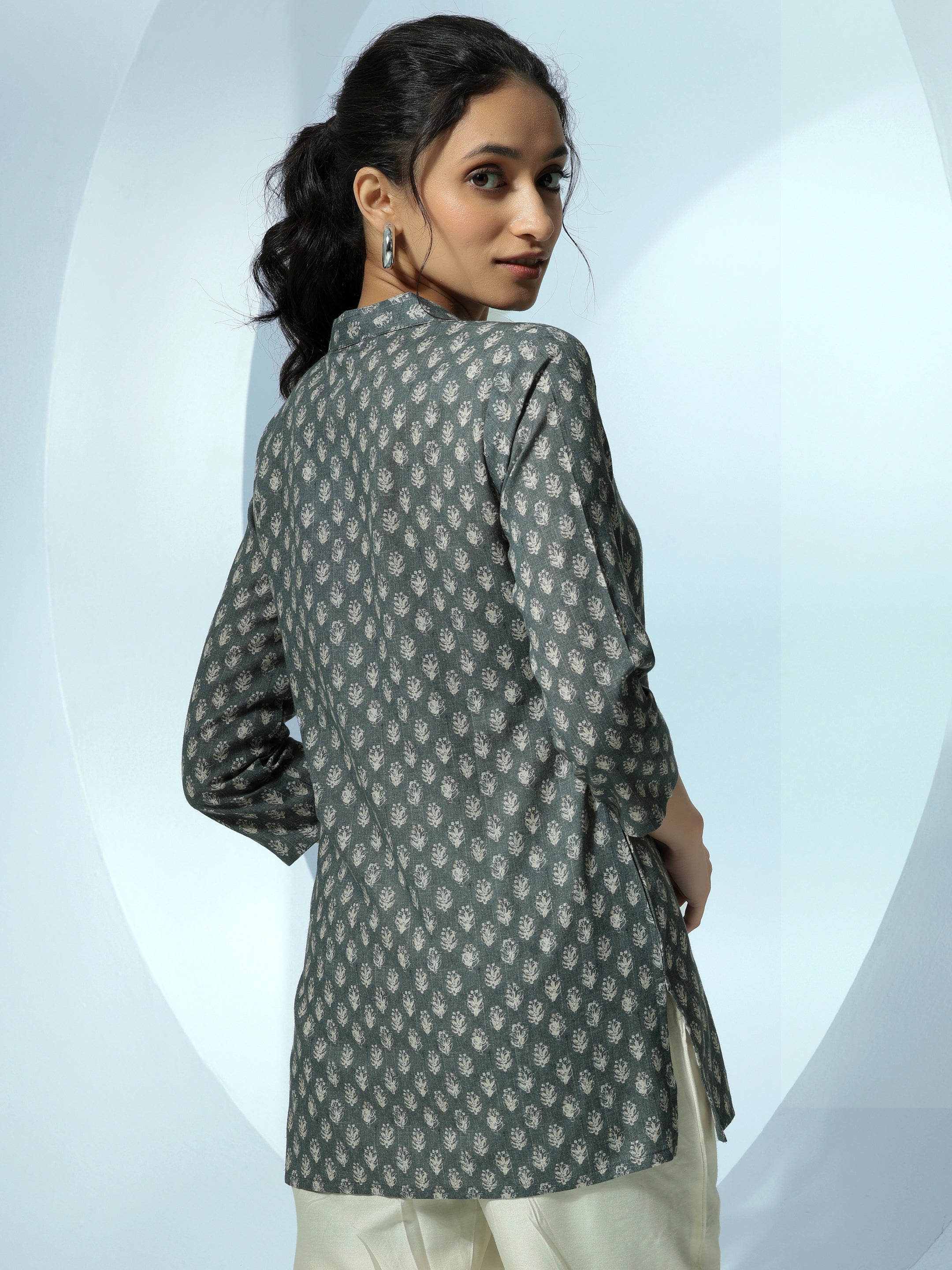 Grey Printed Linen Straight Kurti