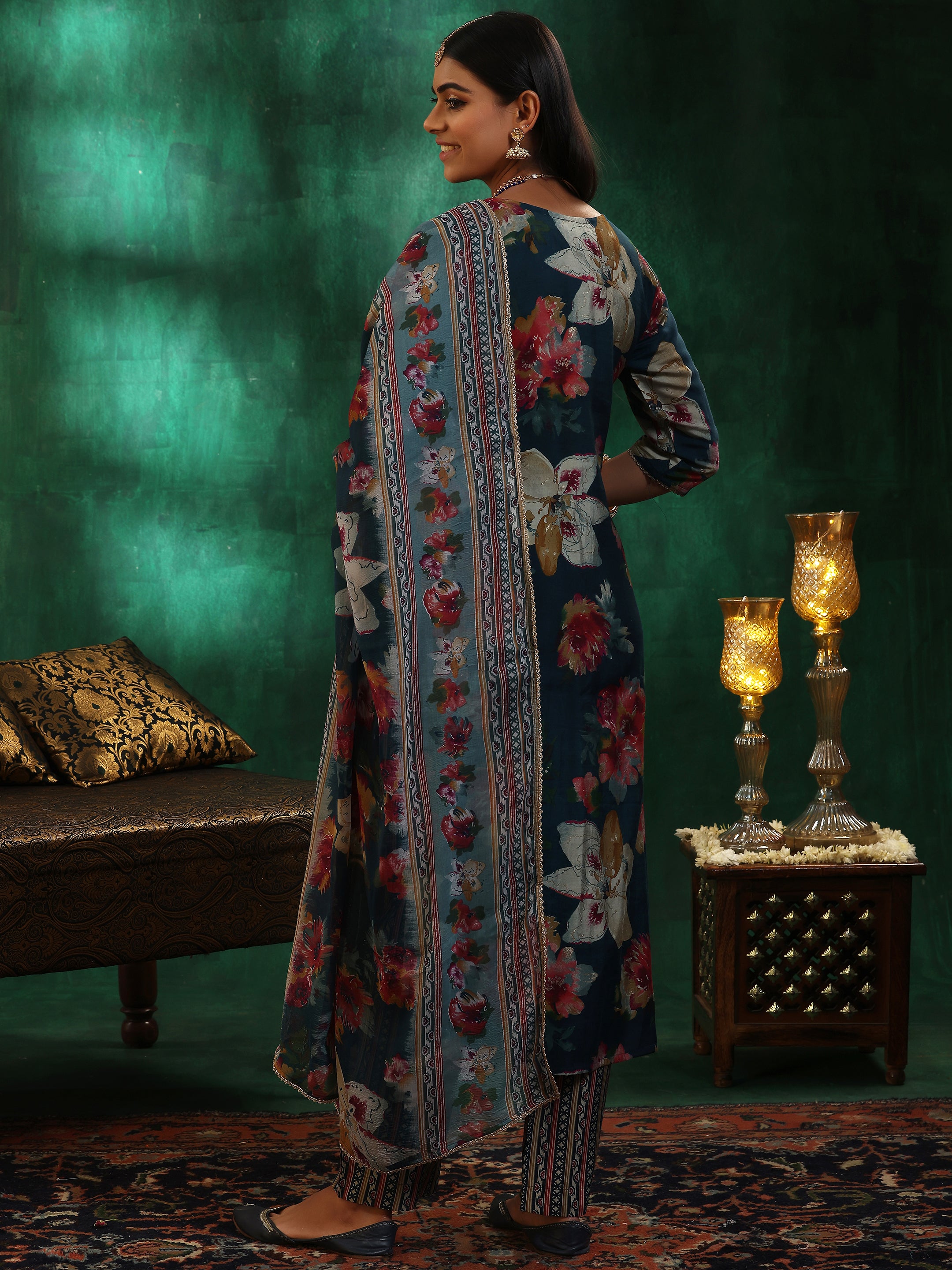 Teal Printed Silk Blend Straight Suit With Dupatta