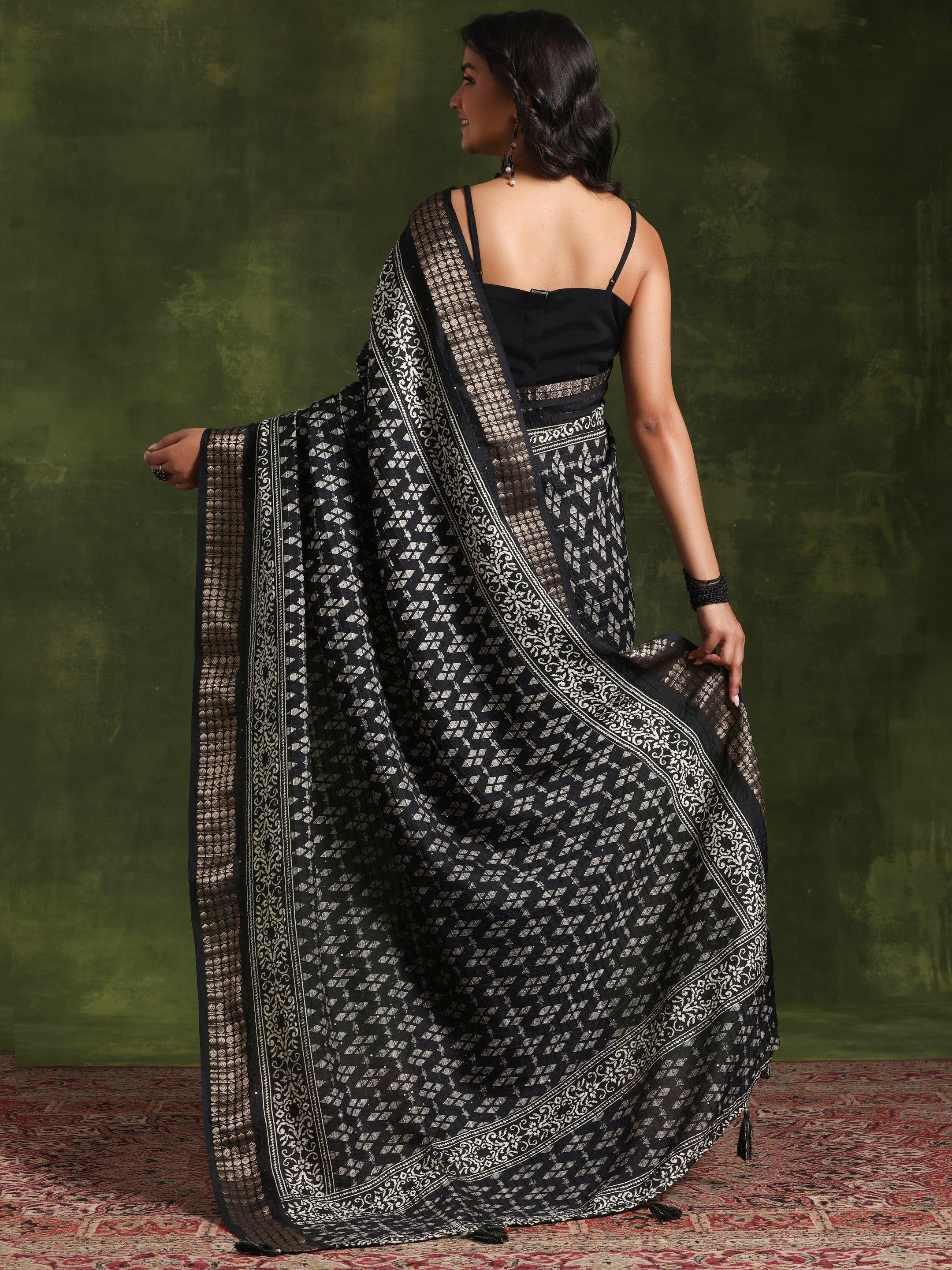 Black Printed Silk Blend Saree With Unstitched Blouse Piece