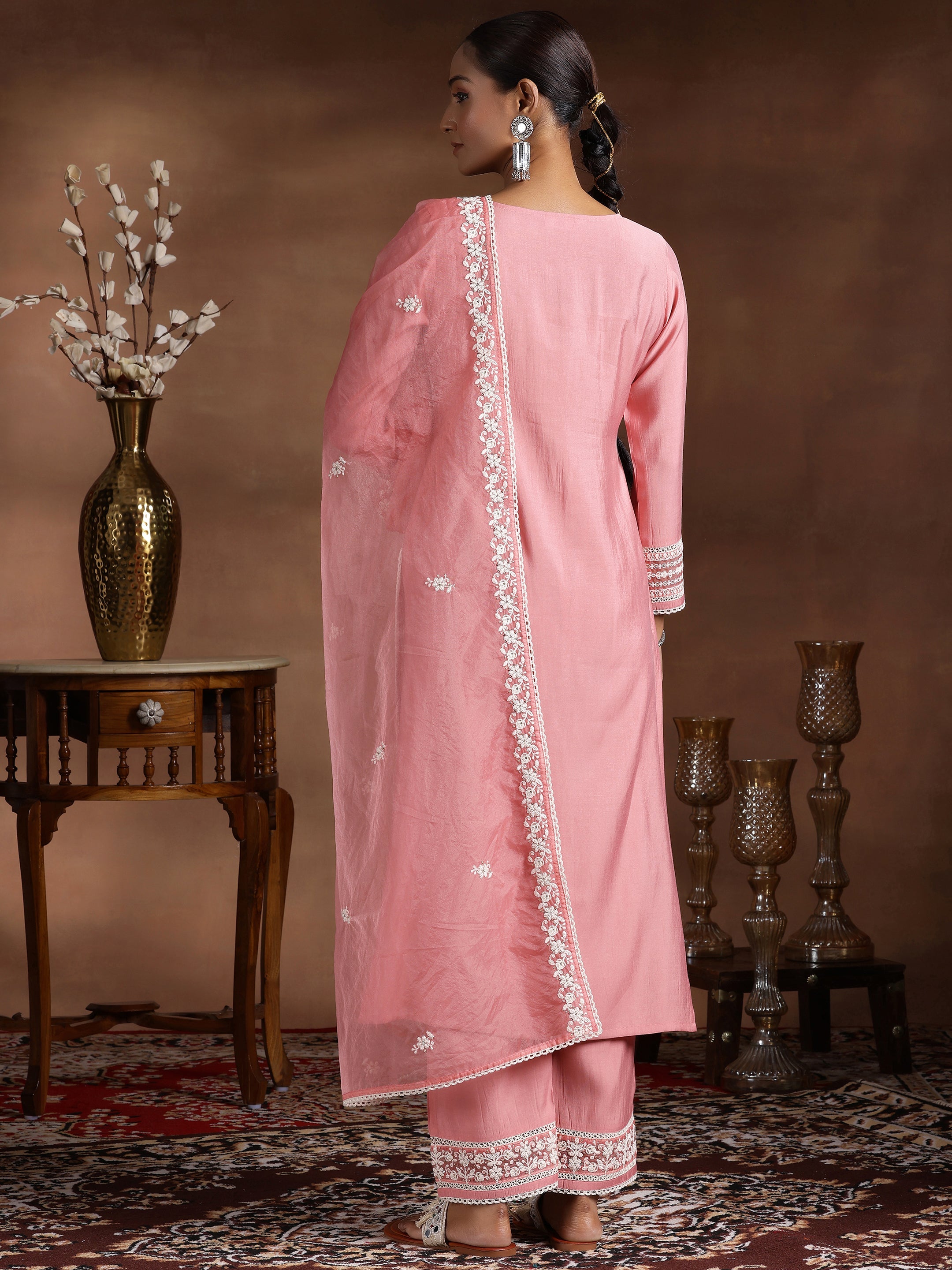 Pink Yoke Design Silk Blend Straight Suit With Dupatta