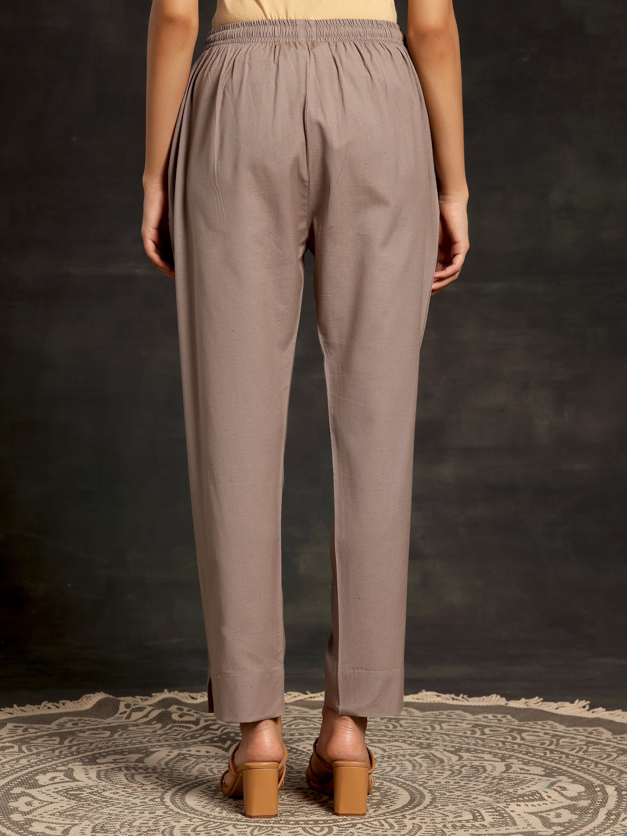 Grey Solid Cotton Straight Fit Trousers