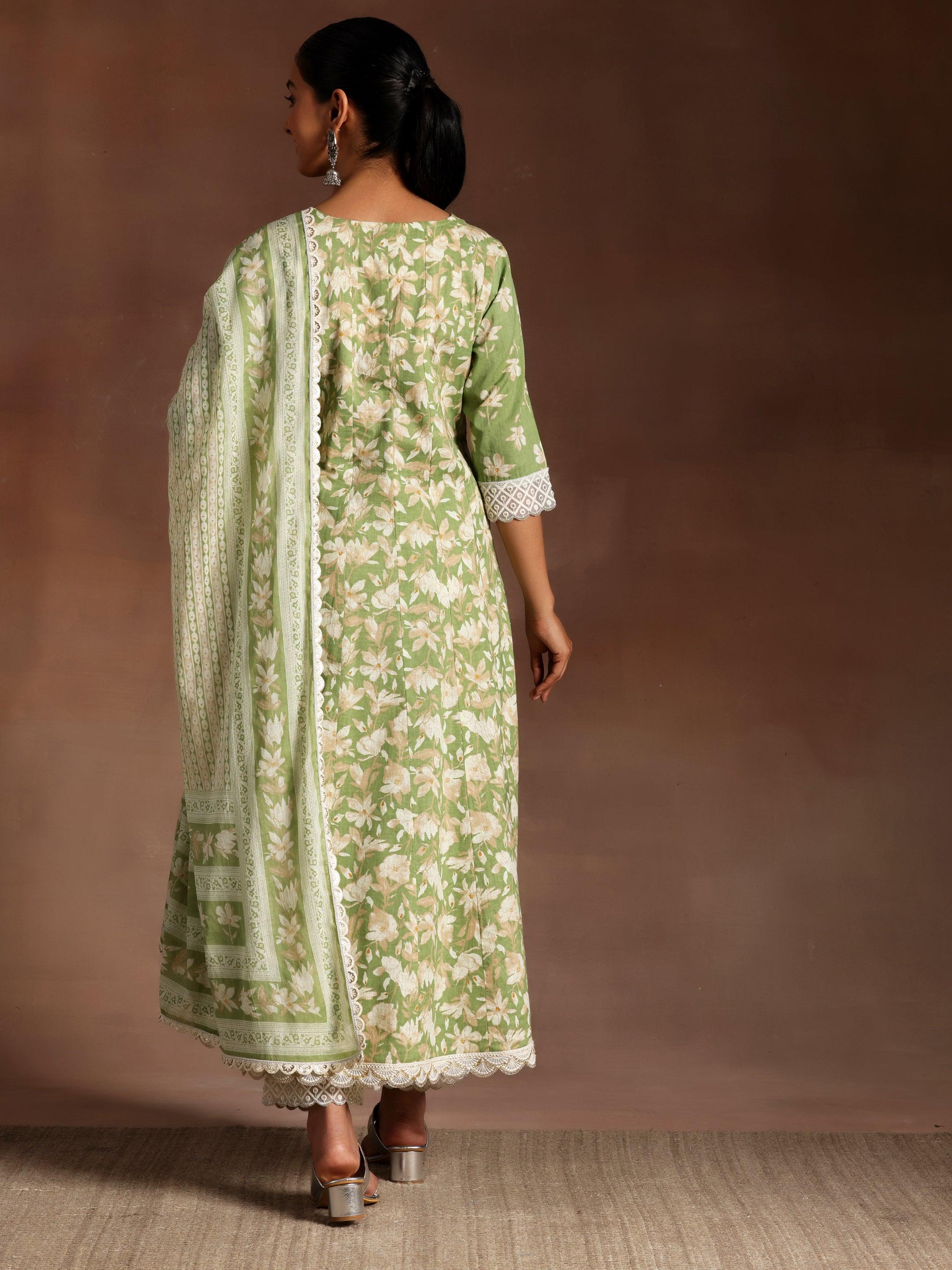 Green Printed Cotton A-Line Kurta With Trousers & Dupatta