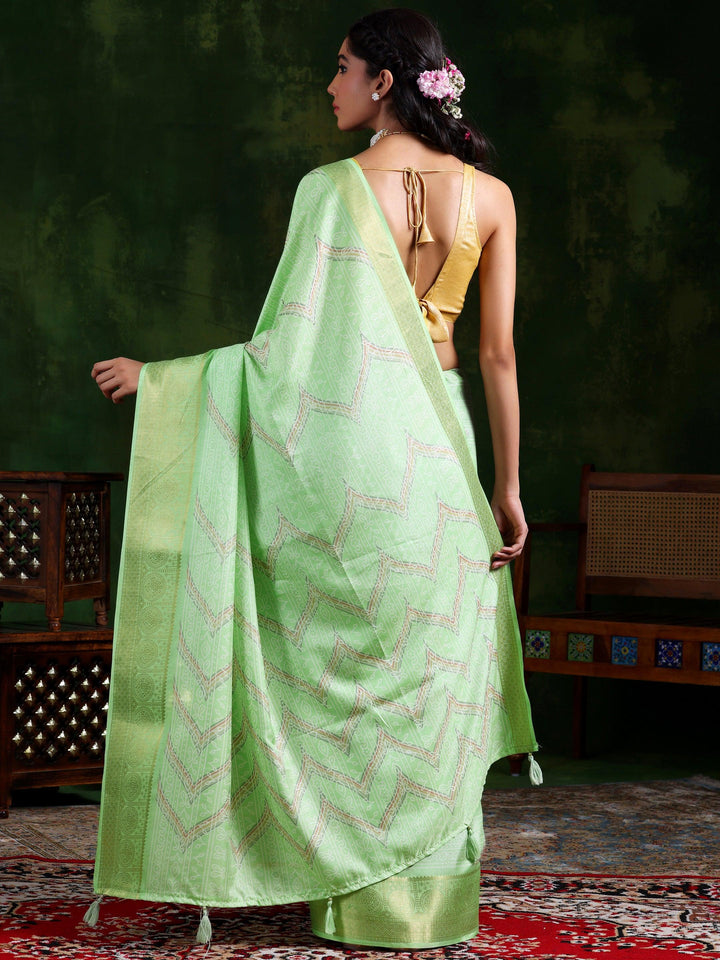 Pista Green Printed Silk Blend Saree With Unstitched Blouse Piece - Libas