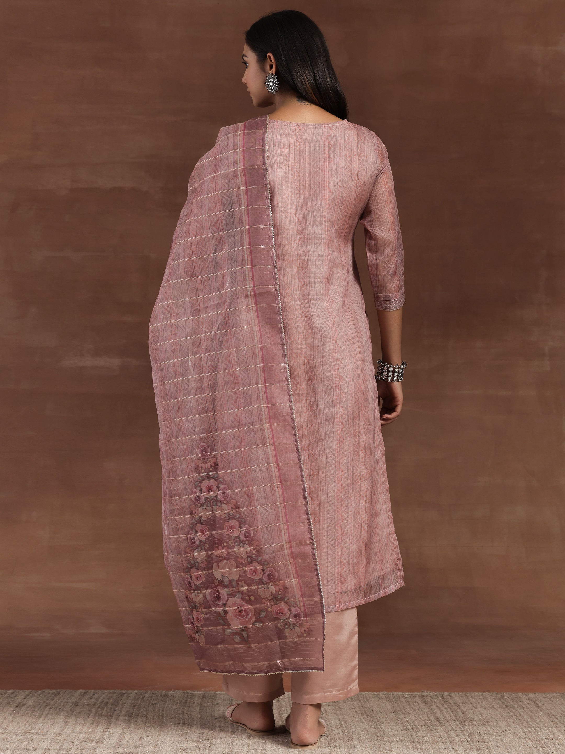 Pink Printed Organza Straight Suit With Dupatta