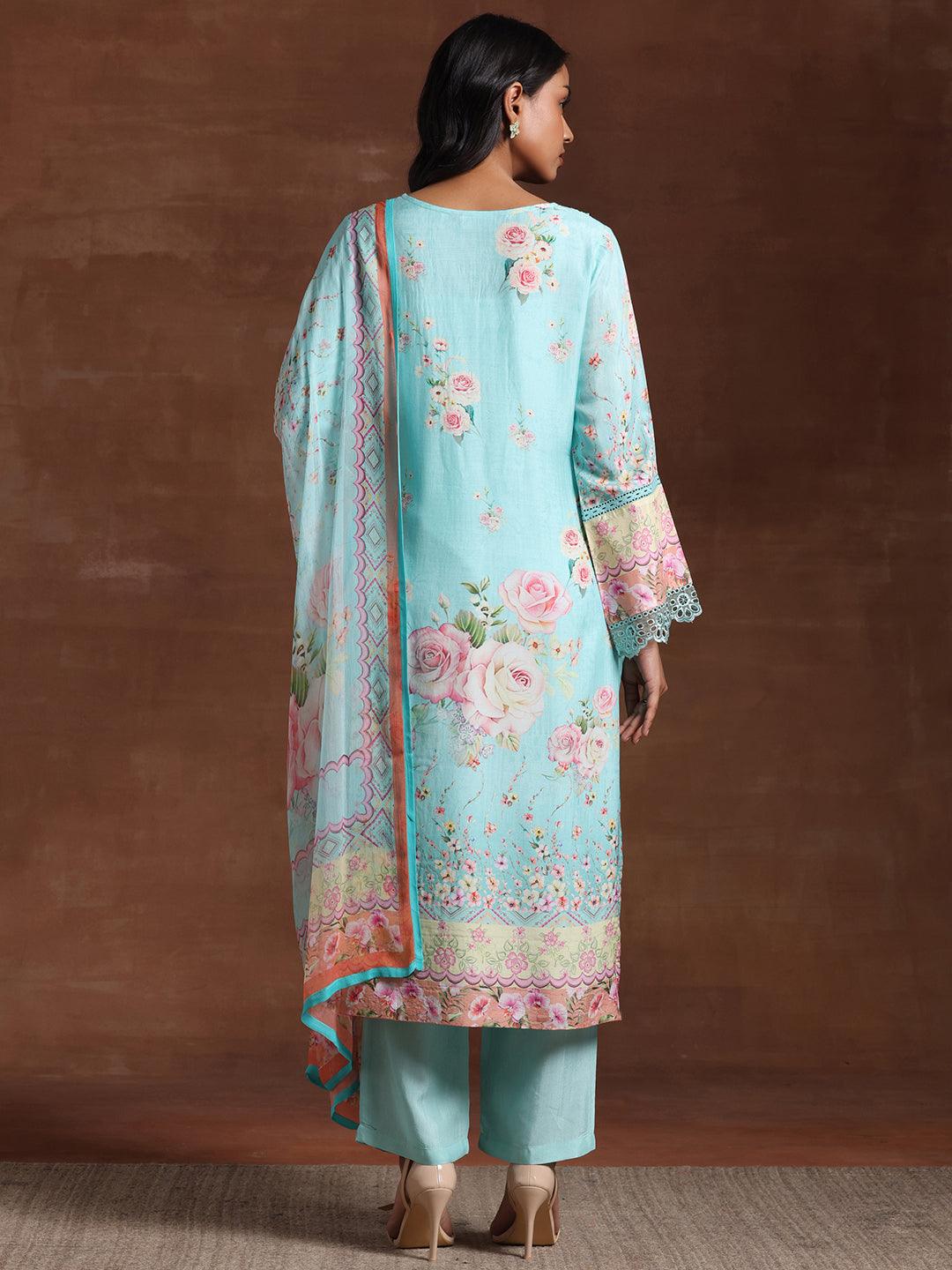 Turquoise Printed Silk Blend Straight Suit With Dupatta