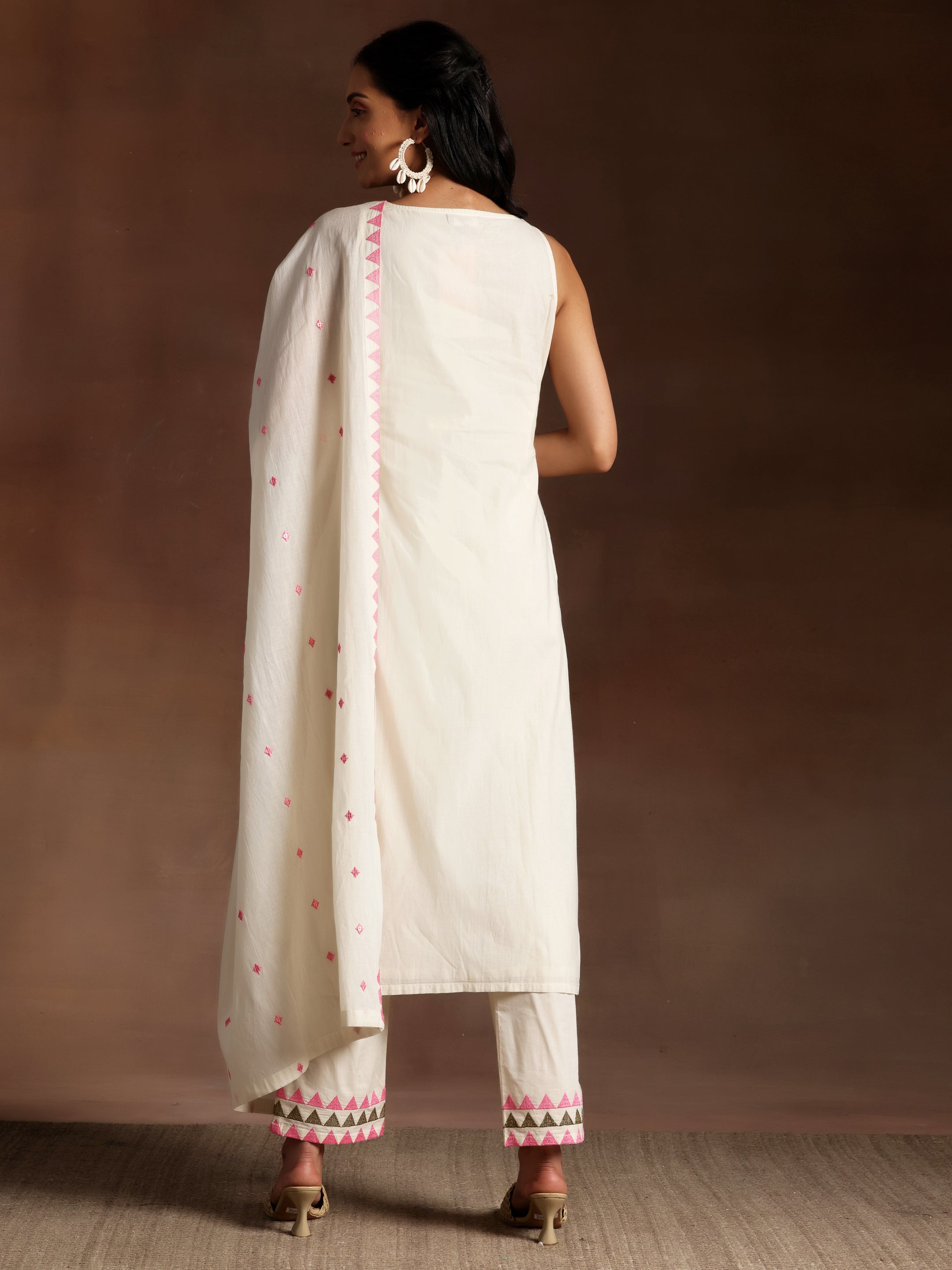 Off White Embroidered Cotton Straight Suit With Dupatta