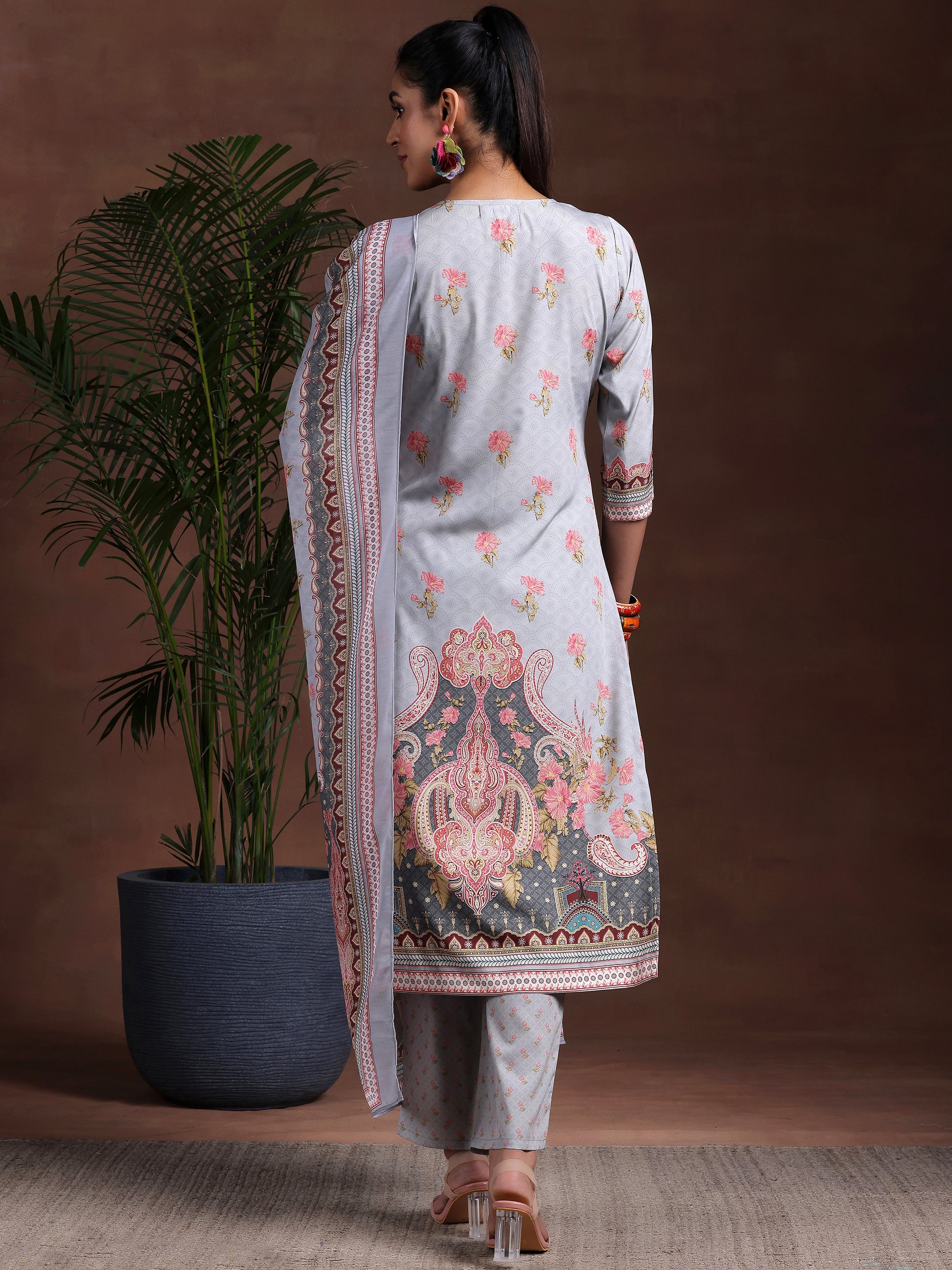 Grey Printed Poly Crepe Straight Suit With Dupatta