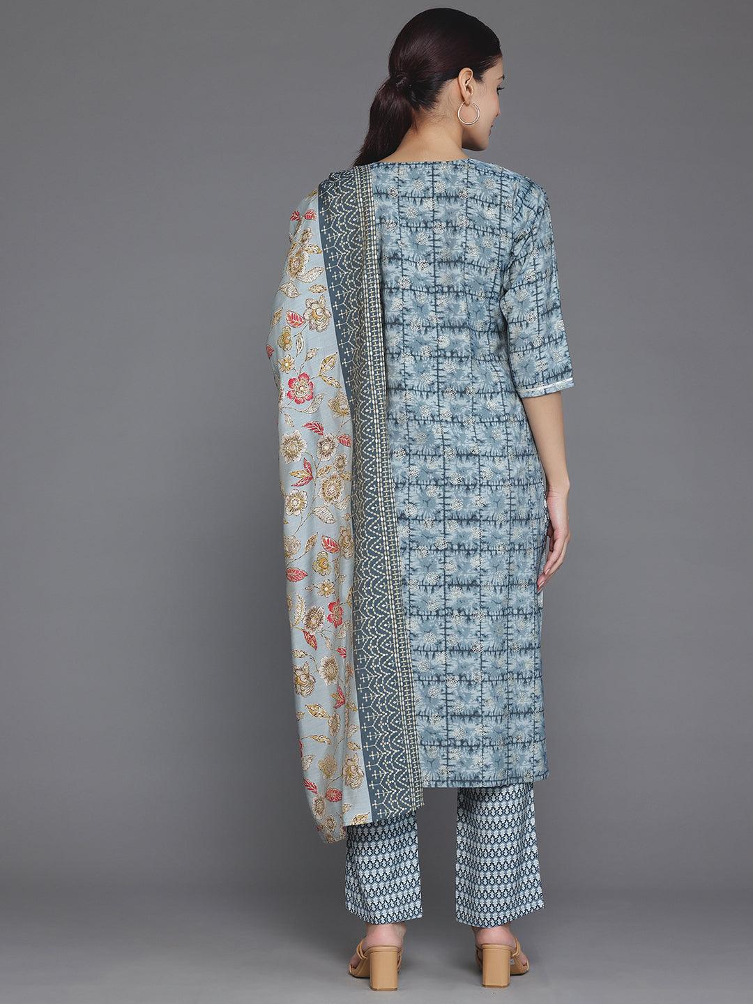 Grey Printed Silk Blend Straight Suit With Dupatta