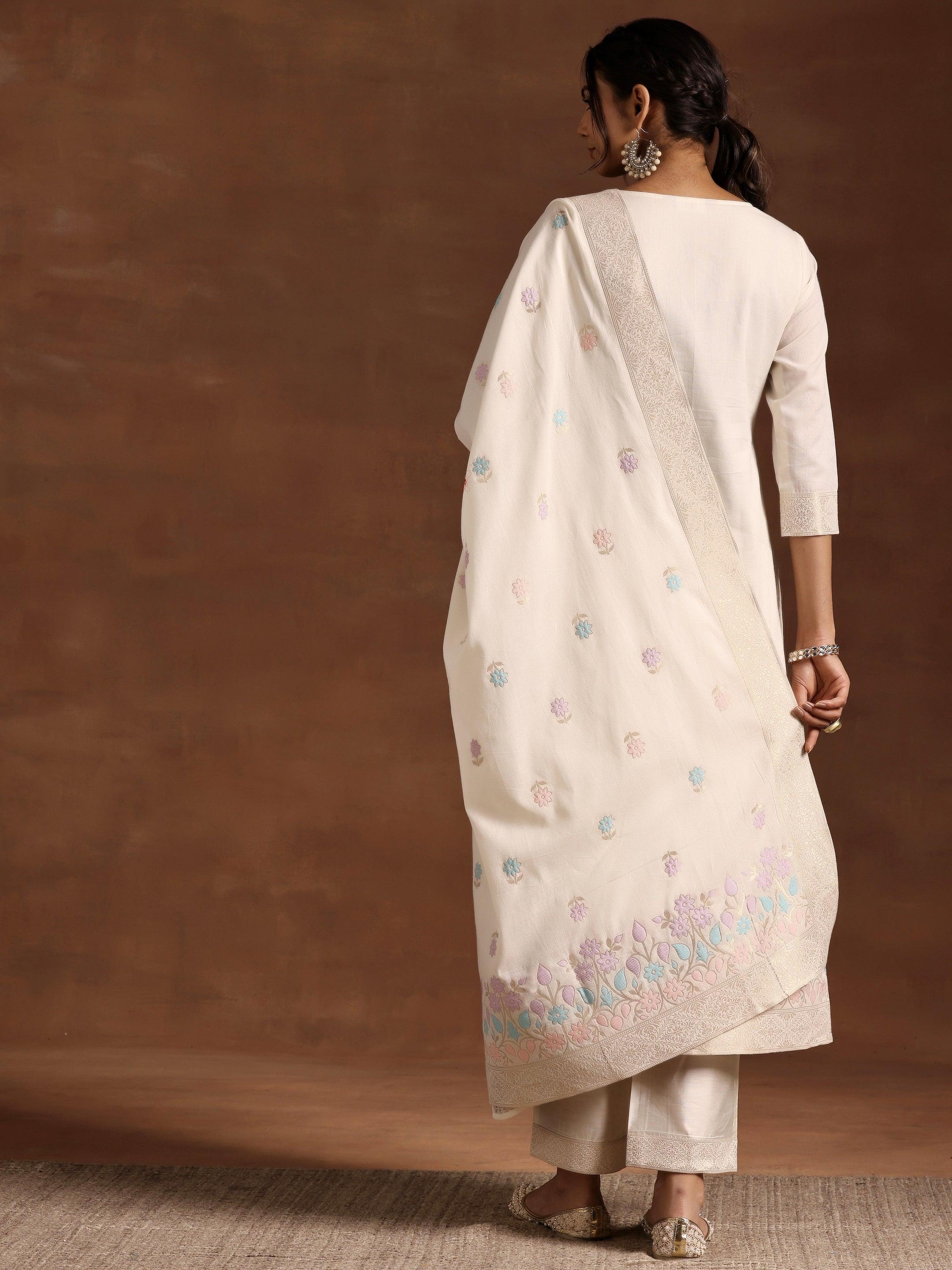 Off White Woven Design Linen Straight Suit With Dupatta