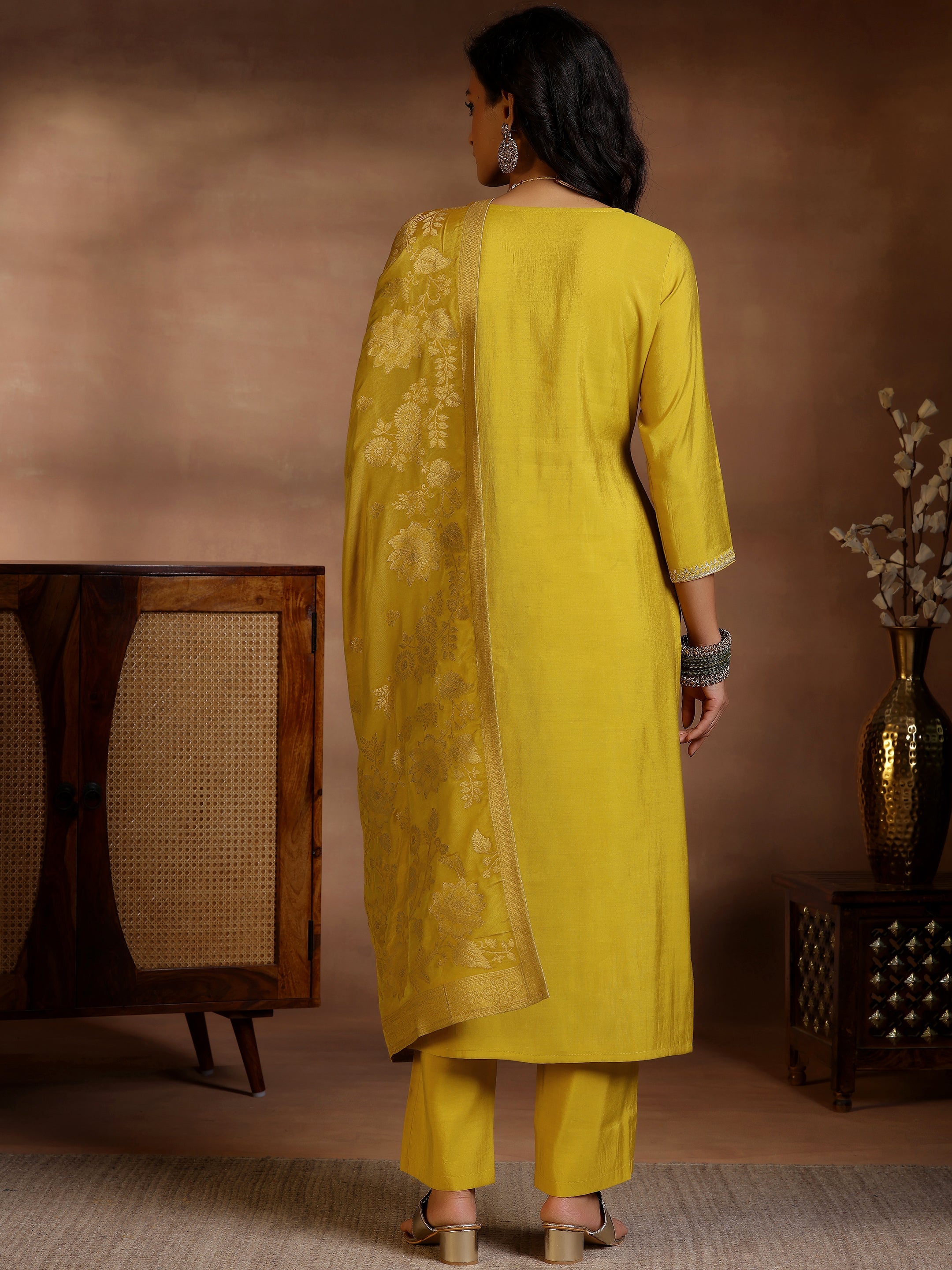 Mustard Yoke Design Silk Blend Straight Suits With Dupatta