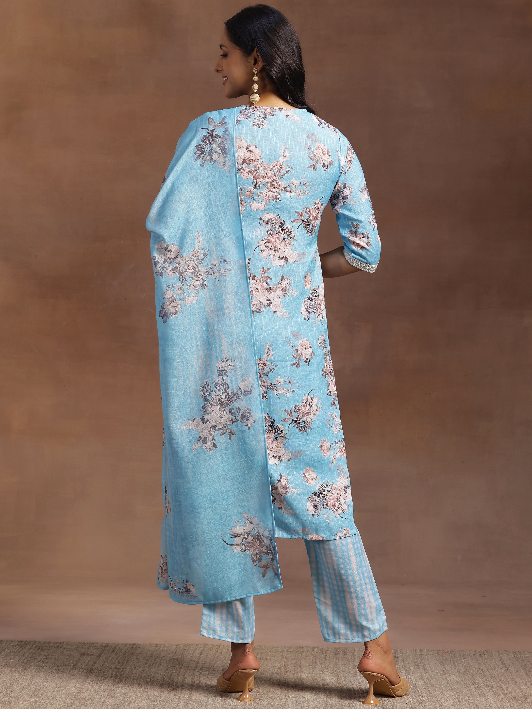 Blue Printed Cotton Straight Suit With Dupatta